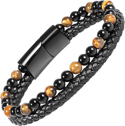 Pulsera de cuero negro de ojo de tigre para hombre, piedra preciosa de ojo de tigre natural, joyería hecha a mano, pulsera de protección para el