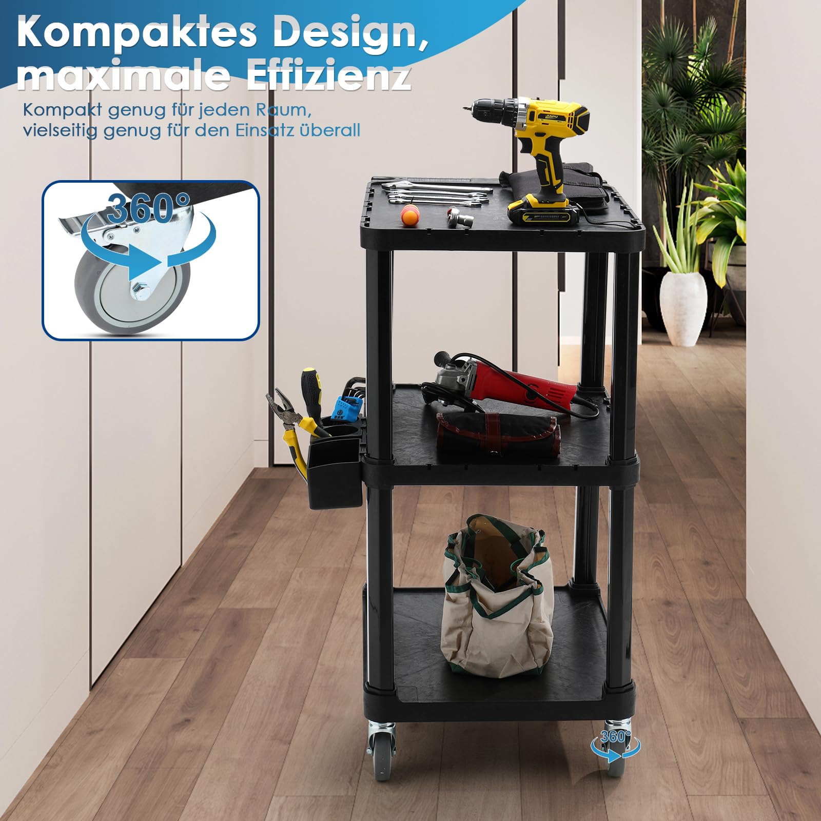 Schwerlast-Servierwagen, 69,9 x 46,4 cm, 3-stöckiger Rollwagen, Industrie-Kunststoff, Tragkraft 150 kg, Flache Ablagen mit Lenkrollen – Vielseitiger mobiler Wagen