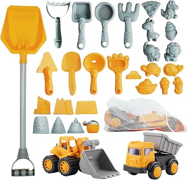 IOKUKI Long Shovel Sand Beach Toys with Big Excavator Toy, Dump Truck Toy, Construction Toys, Sand Castle Toys for Beach, Beach Rakes, Molds, Mesh Beach Bag for Kids, Toddlers, Boys & Girls 31 PCS