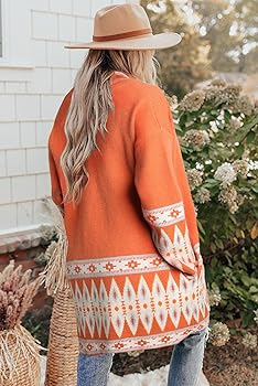 Women's Stylish Orange Aztec Print Open Front Knitted Cardigan Women's Stylish Orange Aztec Print Open Front Knitted Cardigan