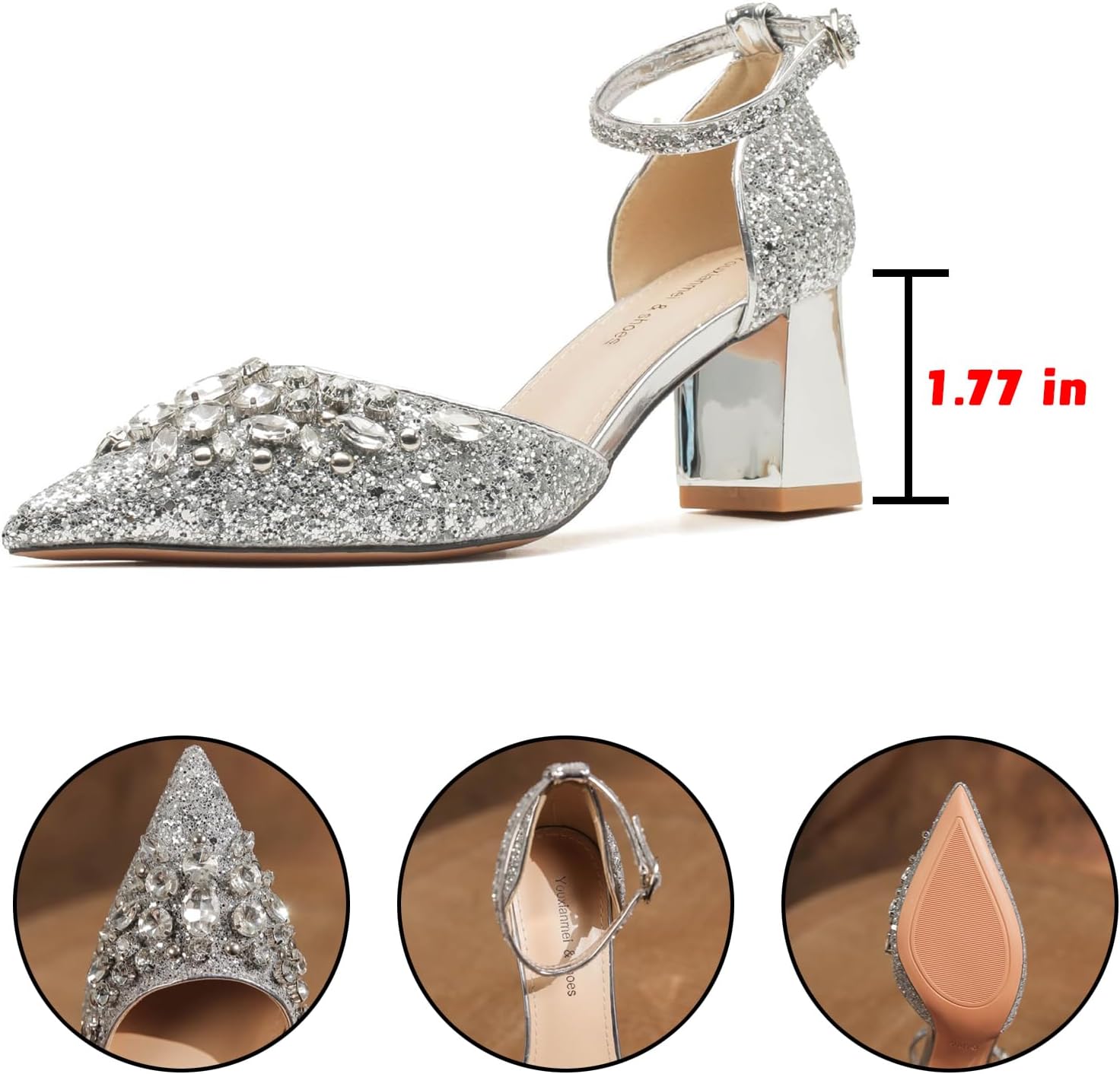 Women's Comfort Leather Rhinestones Chunky Heel Pumps,Fashion Sexy Closed Pointed Toe Slip-On Ankle Strap Block Heels,for Wedding Party Business Dressy Shoes