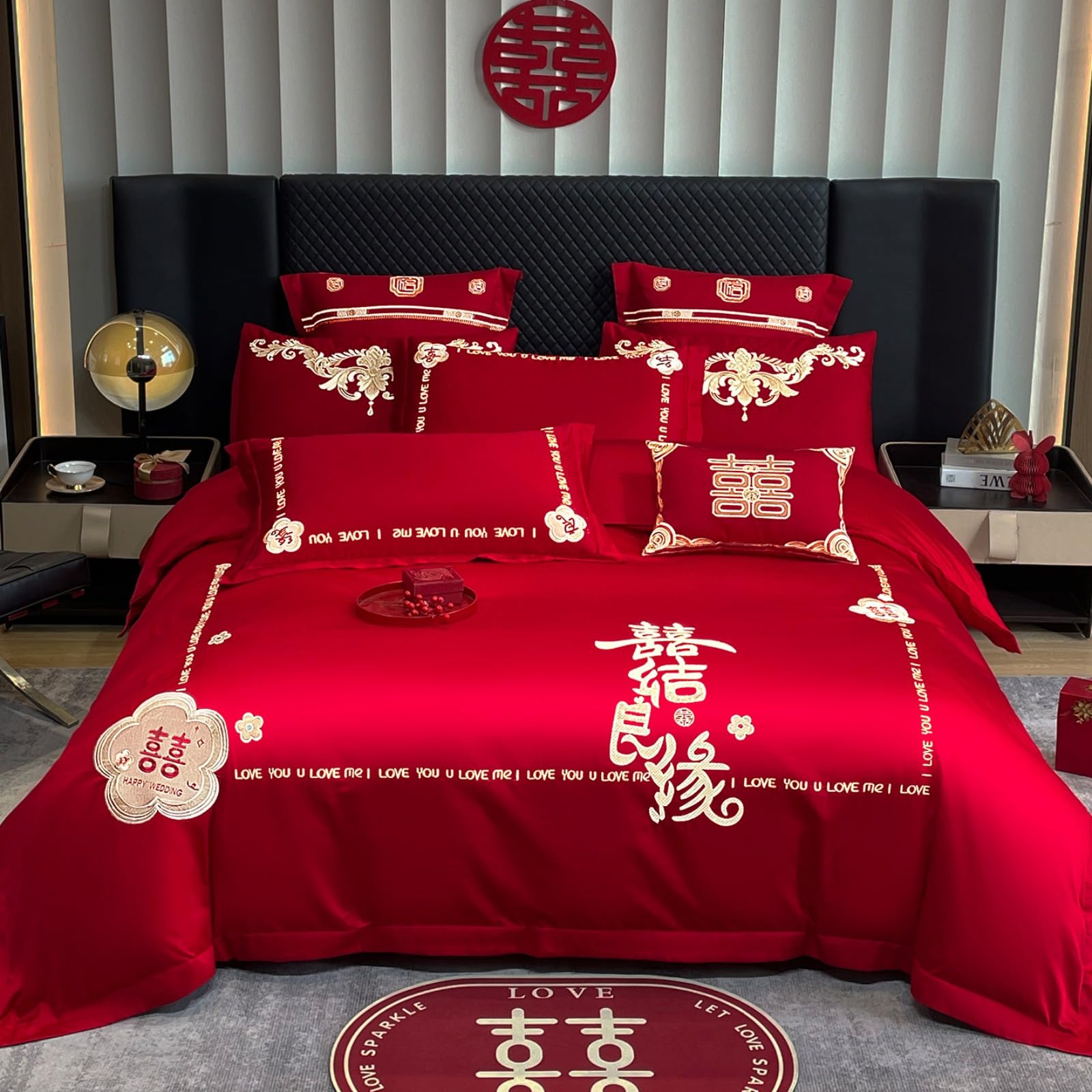 Parure de lit brodée rouge KIRYU en microfibre douce et motif bonheur double king size