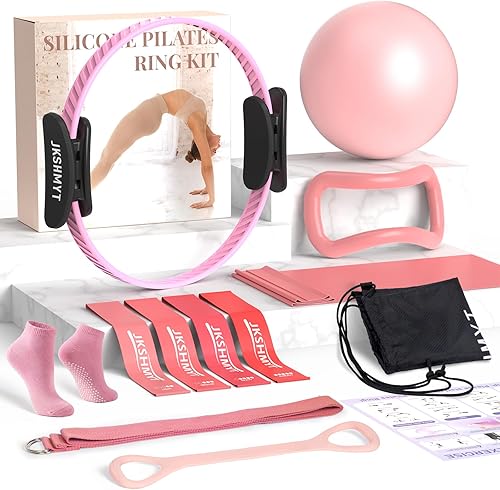 Kit de anillos de pilates para mujer, equipo de pilates – 14.5 pulgadas para entrenamiento de círculo mágico en casa con pelota de pilates, bandas