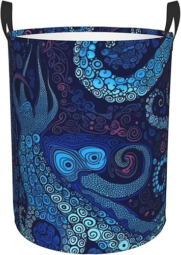 Cesta circular con estampado de pulpo azul, impermeable, cesta organizadora de lavandería, con asas, para ropa, juguetes, tamaño mediano