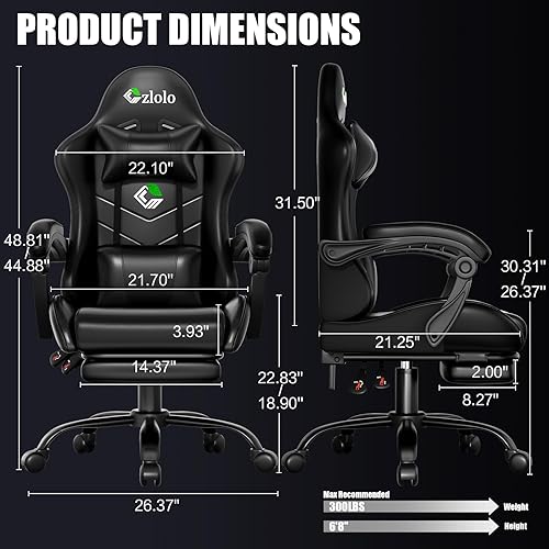 Miniatura 2 de Silla para videojuegos, silla ergonómica para computadora de oficina con reposapiés y soporte lumbar, masajeador estilo carreras, respaldo alto,