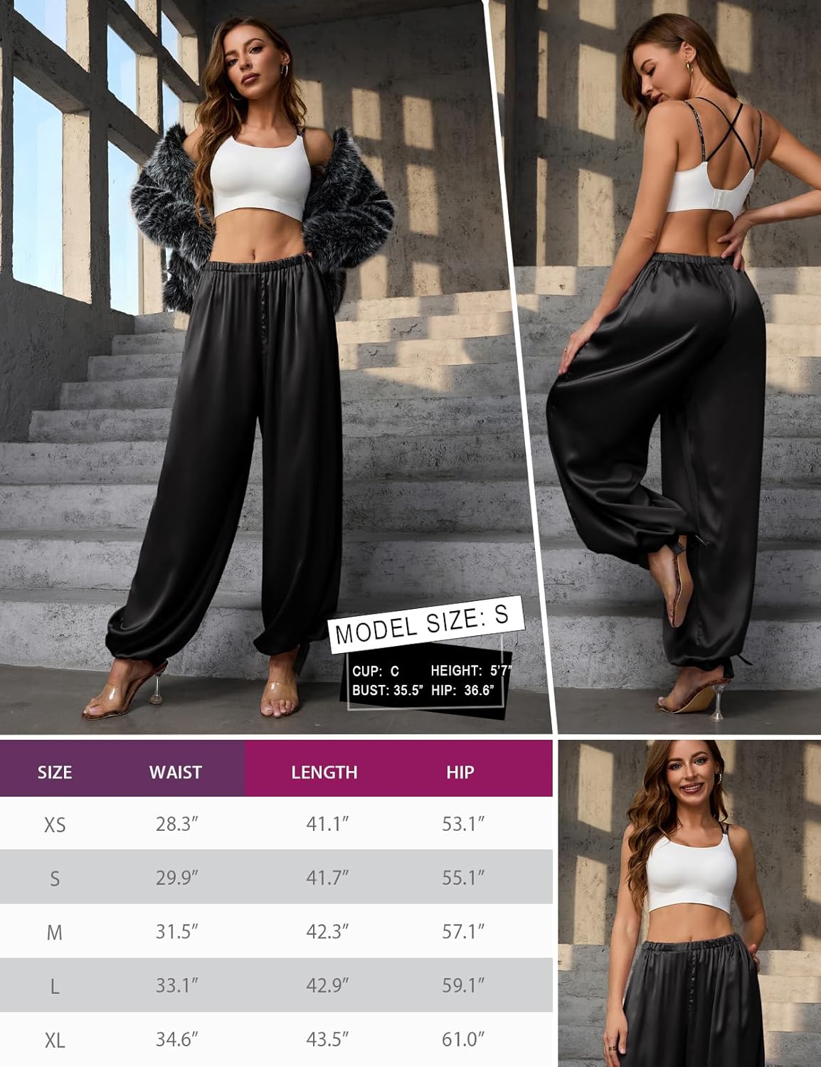 Perfashion Women Satin Pants Balloon Silk Dressy Harem Trousers Flowy Oversized Baggy Joggers Going Out Lounge