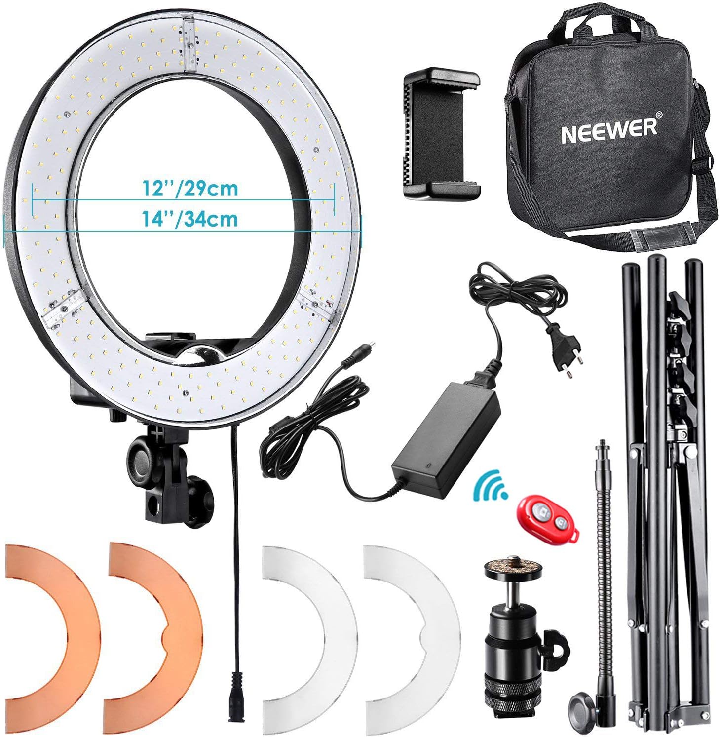 RL-12 LED Ring Light 14" outer/12" on Center with Light Stand, Color Filter, Phone Holder for Makeup, YouTube, TikTok, Camera/Phone Video Shooting