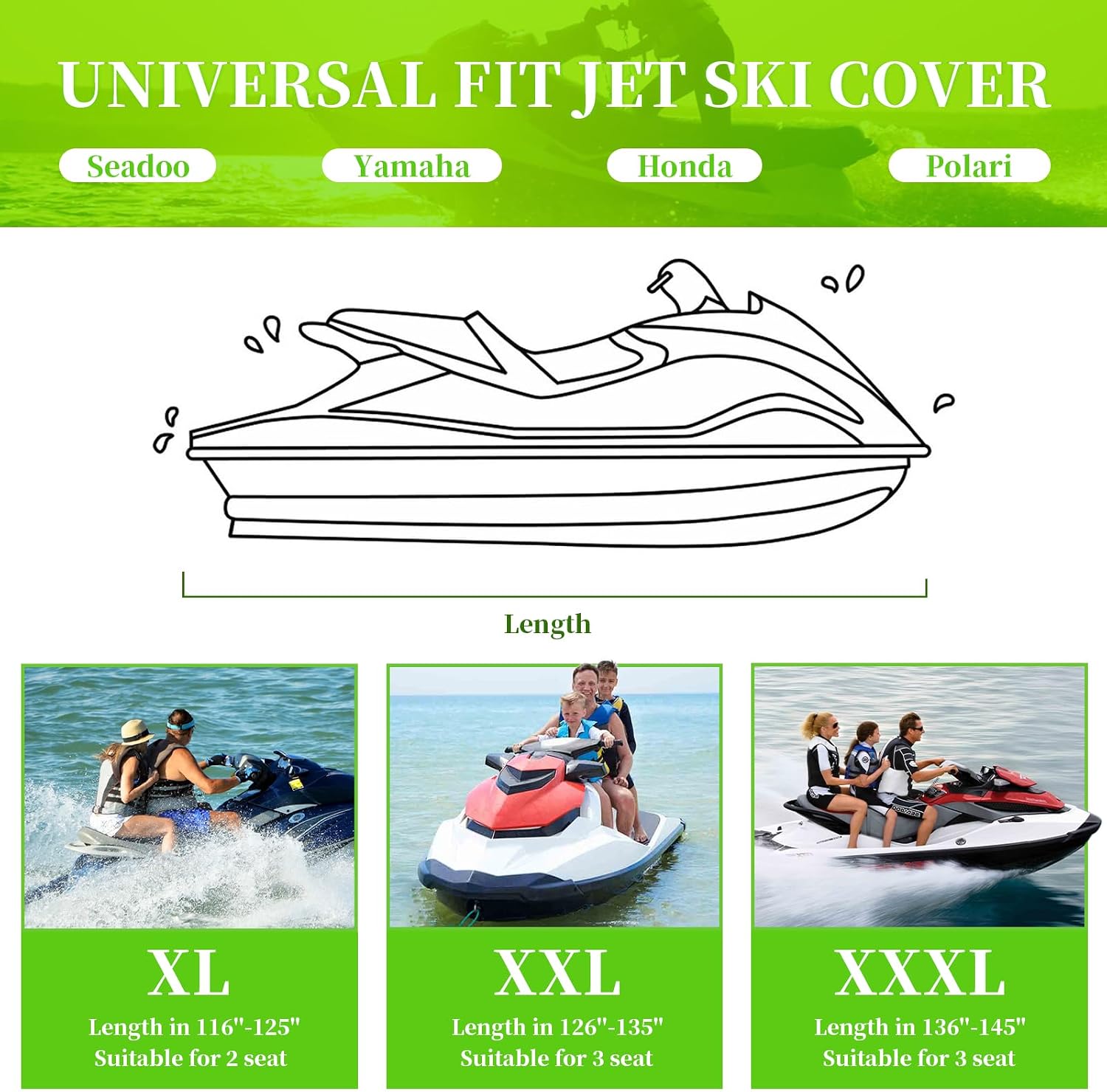 COVERVIN Jet Ski Cover, Heavy Duty Waterproof 210D PWC Cover with Air Vents and Reflective Strips, Fits Seadoo Yamaha GTX Kawasaki Honda Polaris 3 Seater Lengths 136" to 145" (Black&Orange)