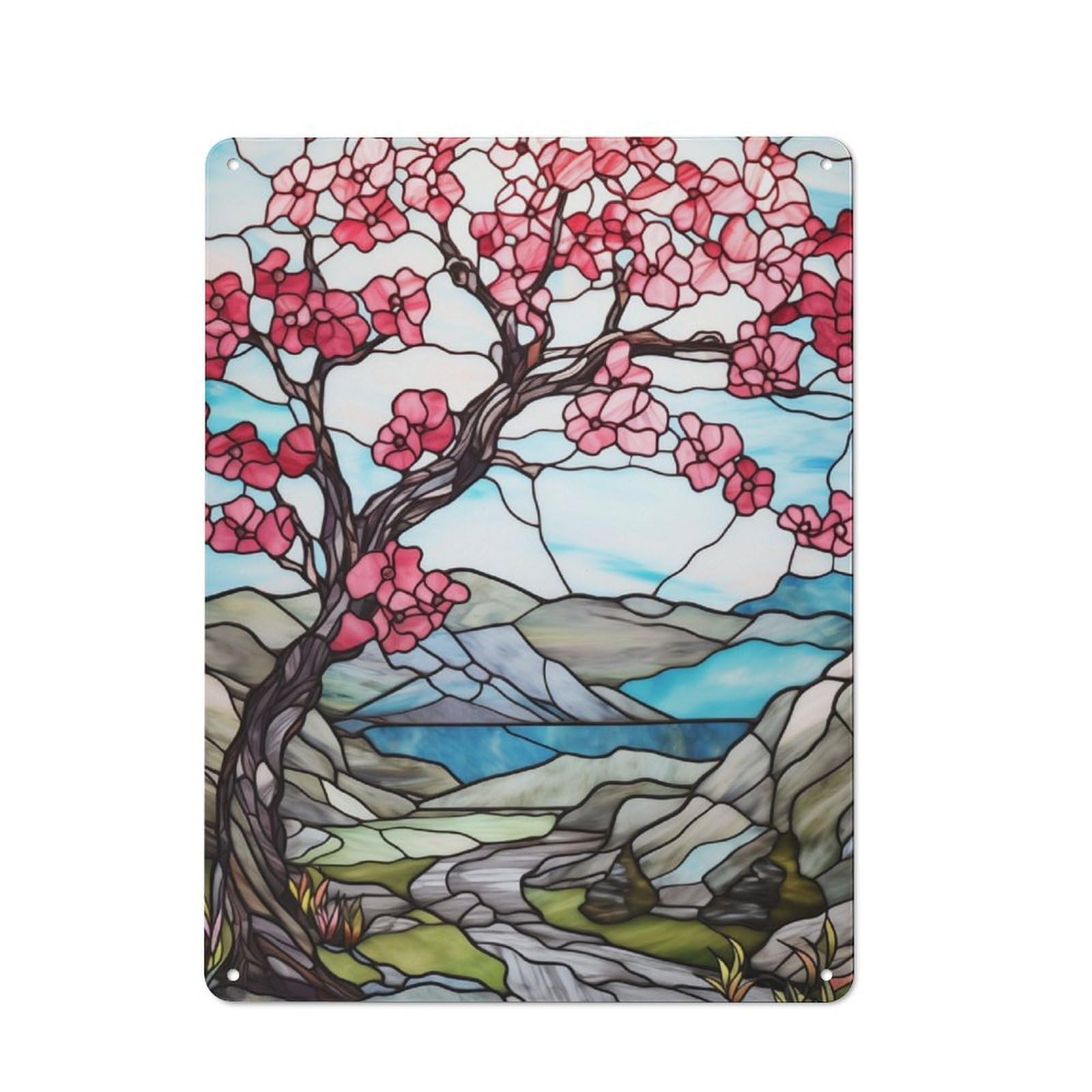 Modern Retro Metal Wall Art Sign 40x30cm Featuring Stained Glass Blossom Tree, Urban Room Decor for Workspace, Cafe, Hallway Or Garage
