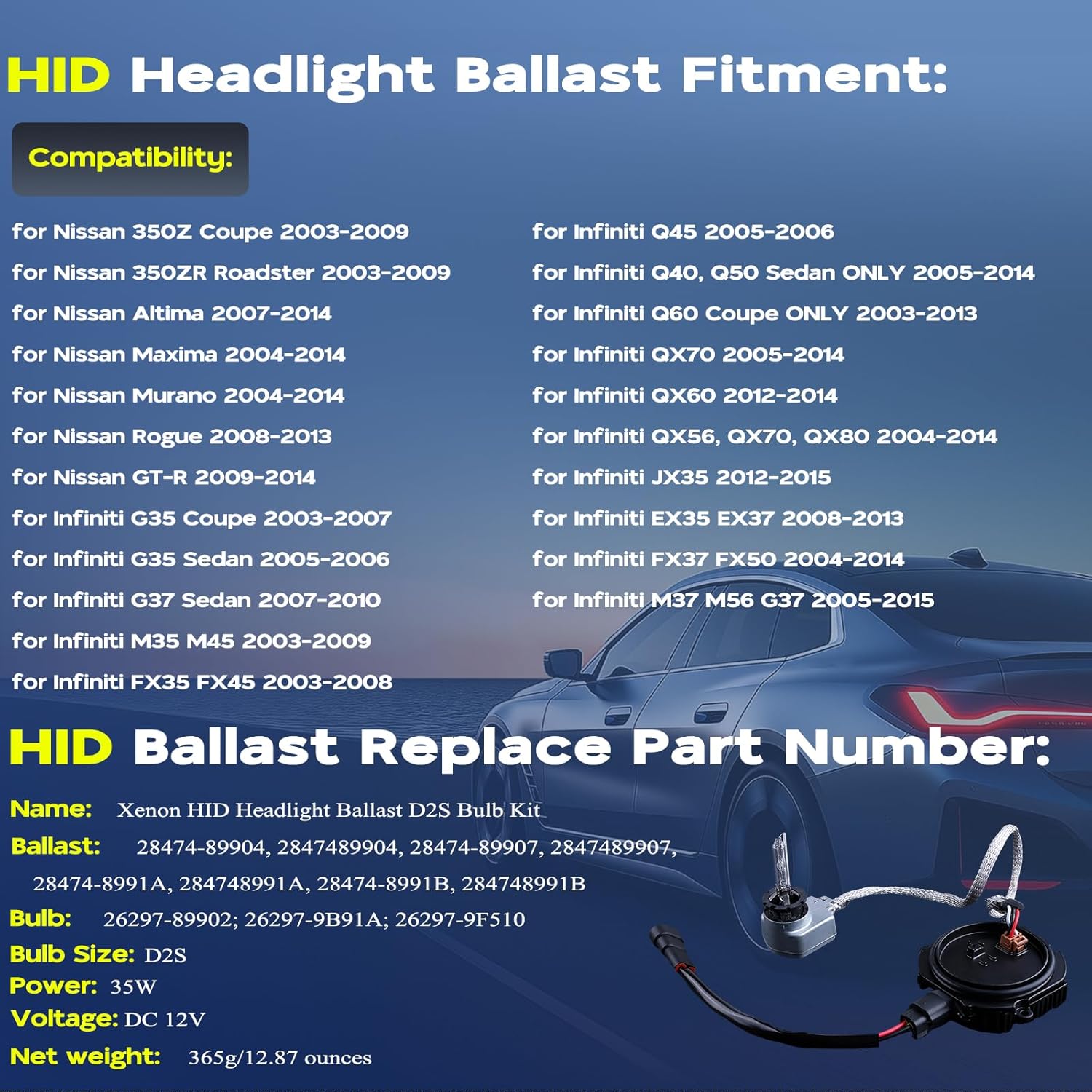 2 Set Xenon HID Ballast Headlight Control Unit with Igniter & D2S Bulb Compatible with Nissan Altima Maxima Murano 370Z 350Z G35 G37 FX35 FX45 QX56 QX70 QX80 Replace 28474-89904 28474-8991A