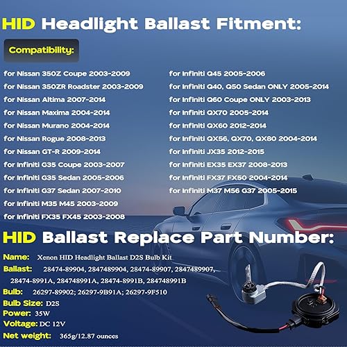 Miniatura 7 de Juego de 2 unidades de control de faros delanteros HID de xenón con encendedor y bombilla D2S compatible con Nissan Altima Maxima Murano 370Z 350Z