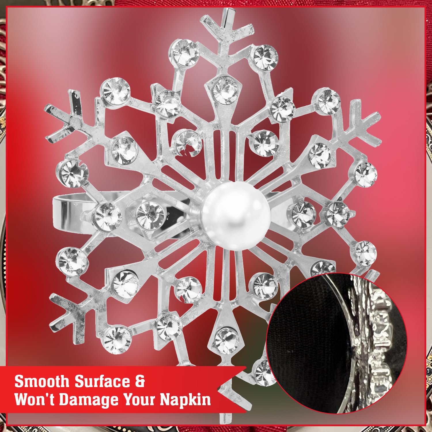 Trimming Shop Snowflakes Napkin Rings, Faux Pearl with Diamante Rhinestone Christmas Napkin Holder - Image 3