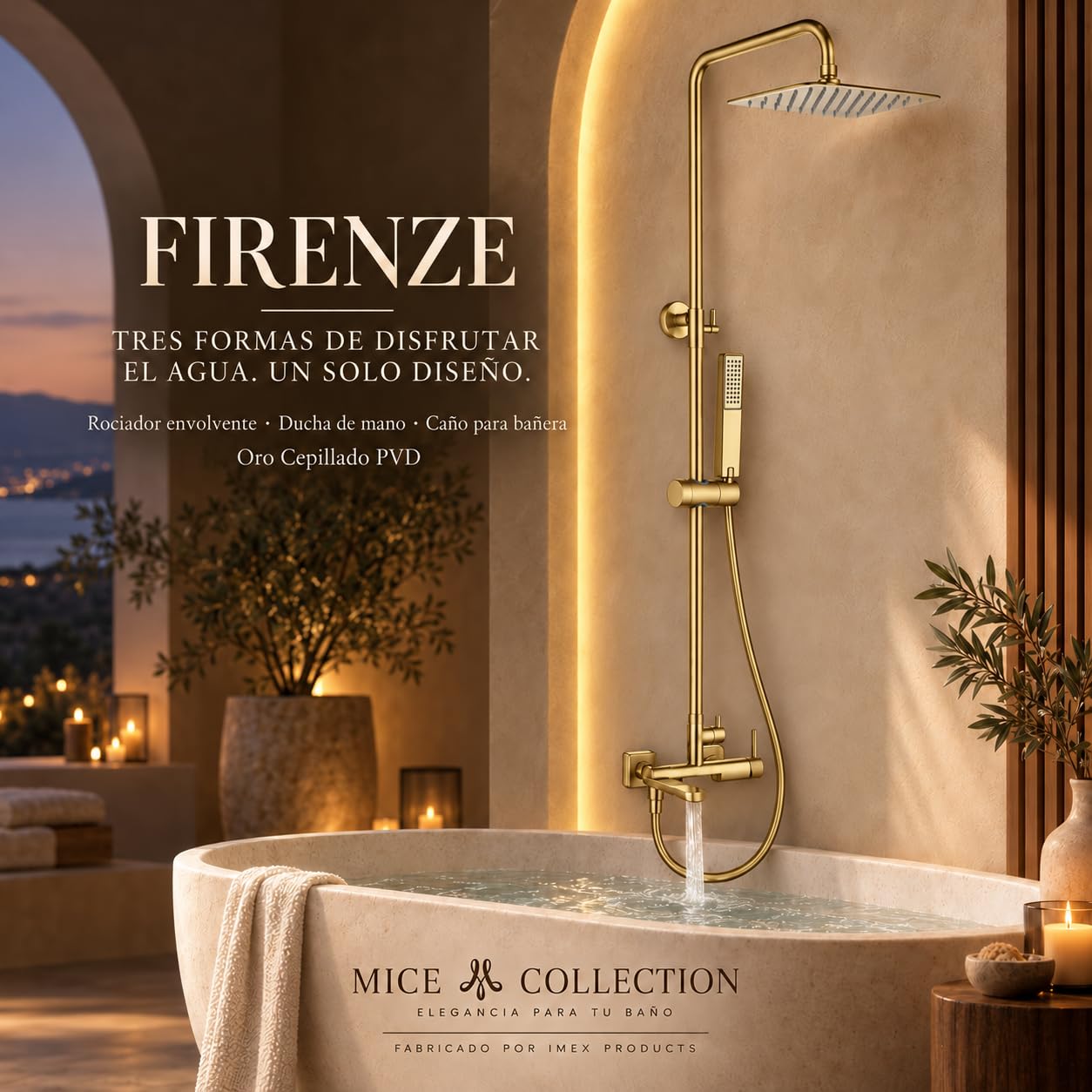 Columna de ducha para bañera monomando Firenze Oro Cepillado PVD