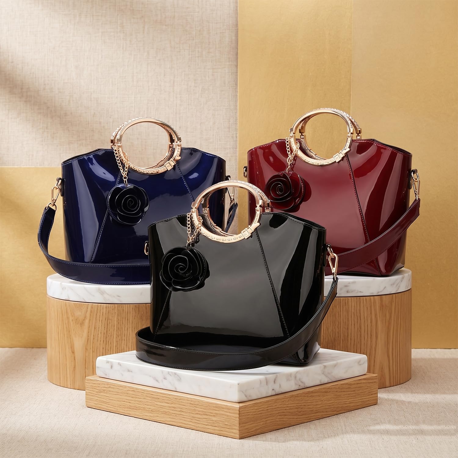 Bolsos de Mano con Bandolera para Mujer Bolso de Hombro Bolsos Bandolera Bolso de señora en Cuero de Patente de PUpara Mamá Rojo