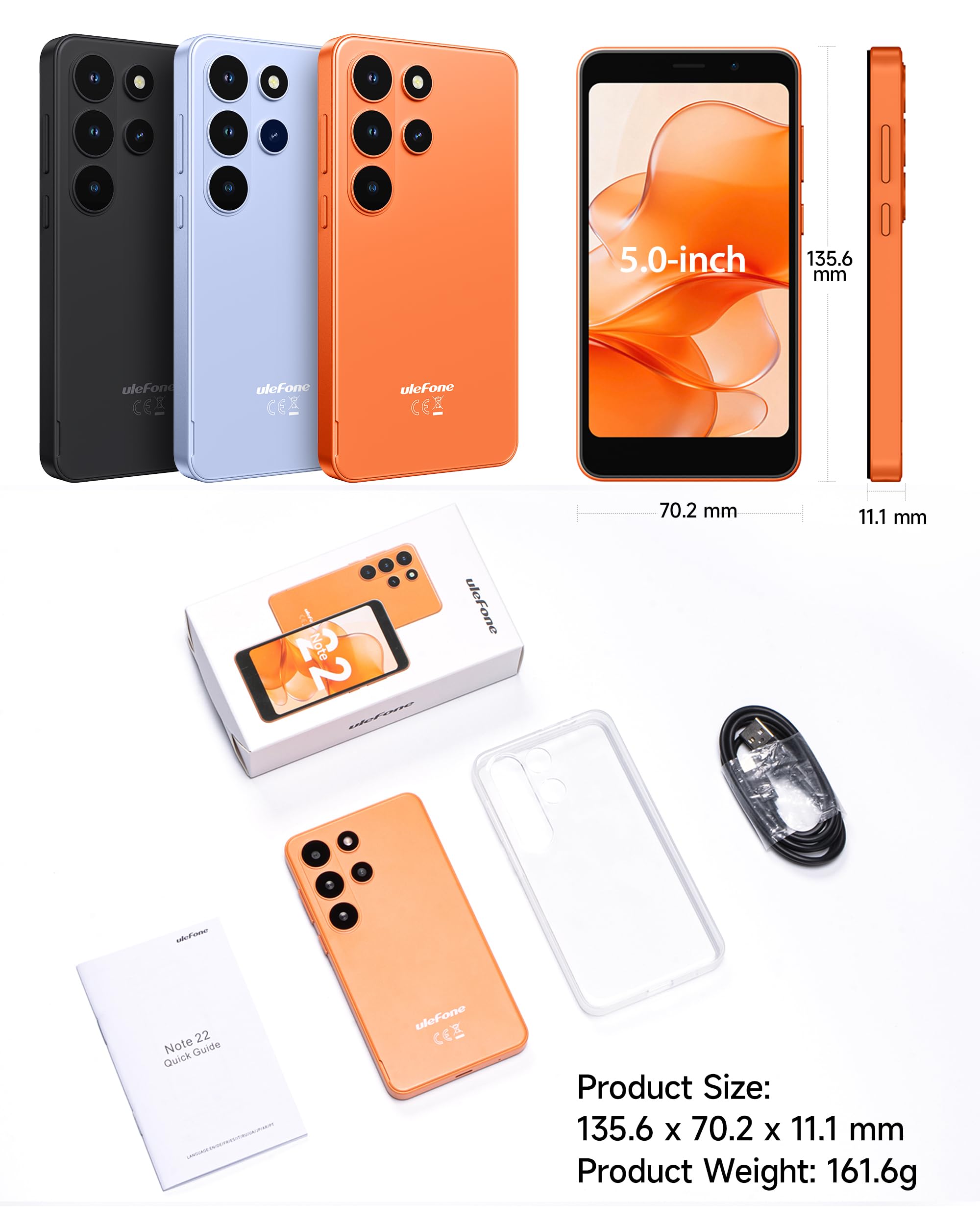 Ulefone Note 22 Cellulari, Android 16 Go 20GB RAM+32GB ROM/SD-2TB Mini Smartphone, 5.0" Schermo, Cellulare 3000mAh Batterie sostituibili, Octa Core 3 Slot Per Carte 4G Dual SIM/Face ID/GPS/OTG Arancia