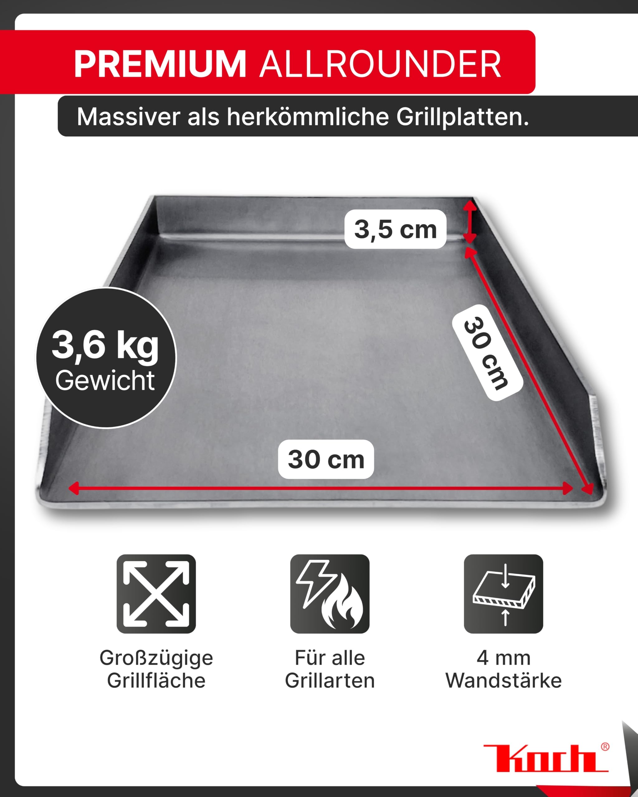 Koch Universal Grillplatte aus 100% Edelstahl - 30 x 30 x 3,5cm - Plancha für alle Grillarten - Gleichmäßige Hitzeverteilung & auslaufsichere Ecke - Rostfrei & bis zu 500°C hitzebeständig #54