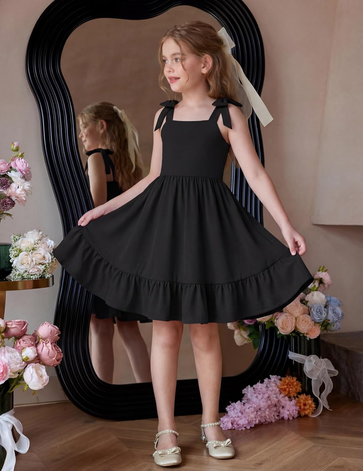 Arshiner Girls Summer Dress Bowknot Strap Casual Sleeveless Tiered Sundress with Pockets 6-14 Years
