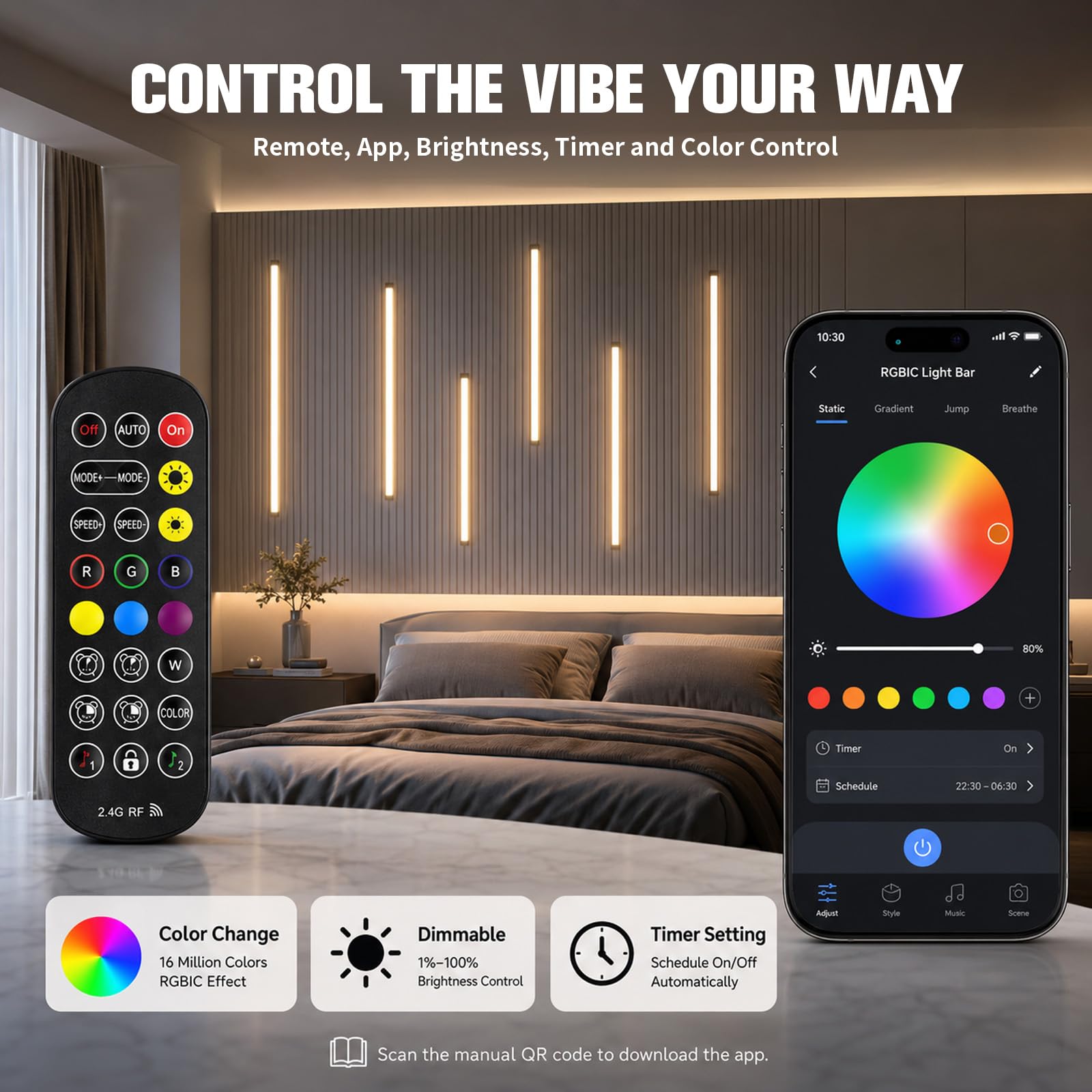 RGB LED para paneles acústicos – 6 tiras LED de 90 cm se pueden cortar con mando a distancia, regulables, iluminación de paneles acústicos, sincronización de música, para paneles acústicos, pared de