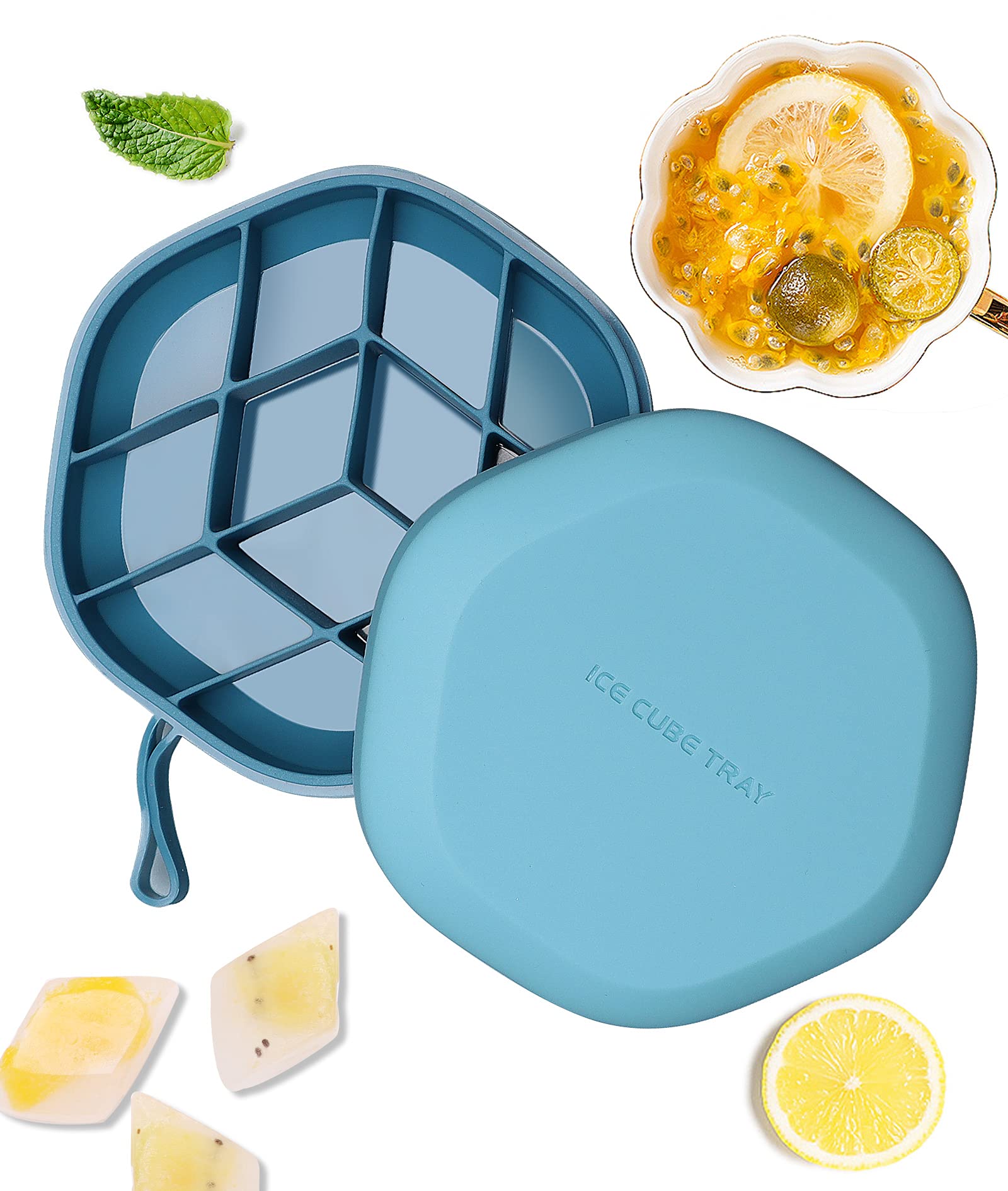 Ancevsk Siicon Ice Cube Tray Easy Release, 12 Ice Molds Flexible Ice Maker with Reomvable Lid Stackable Durable for Whiskry Wine Cocktails Juice (Blue)