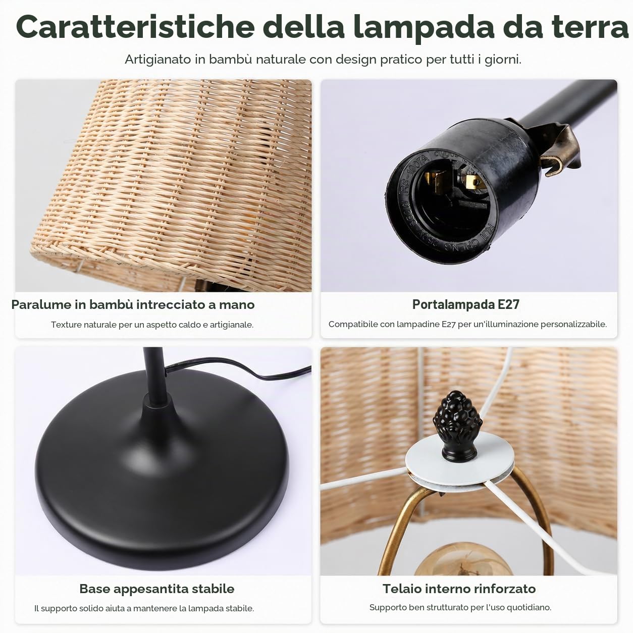 Alpinaluz Lampada da Terra E27 Paralume Bambù Vimini Struttura Nera 147 cm | Paralume intrecciato a mano Ø28 cm e base in metallo nero, stile nordico boho per soggiorno, camera, divano e lettura
