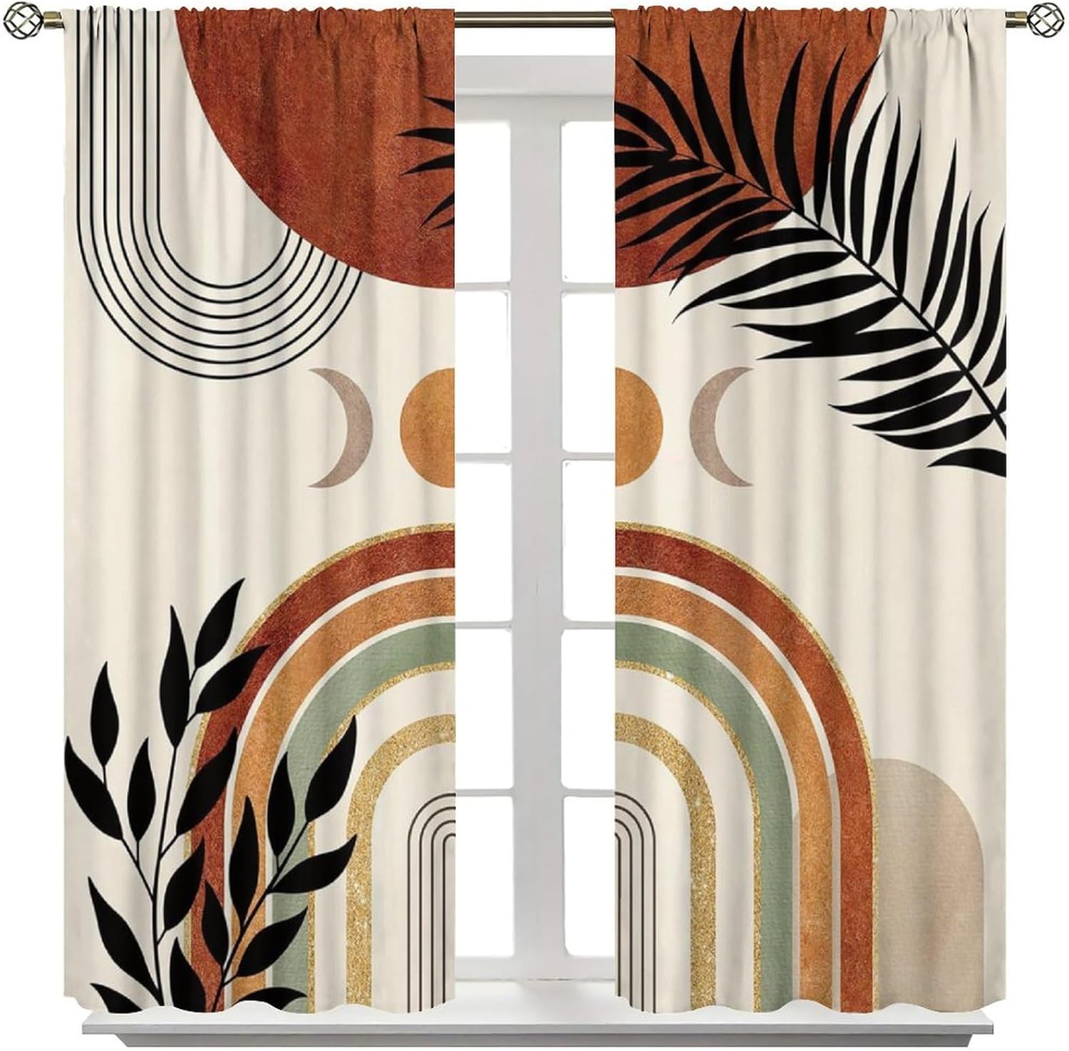 YCness Boho Leaf Curtains, Bohemian Mid Century Palm Tropical Leaf Abstract Modern Minimalism Window Treatments for Living Room Bedroom Kitchen 2 Panel Fabric, 63x72 Inch