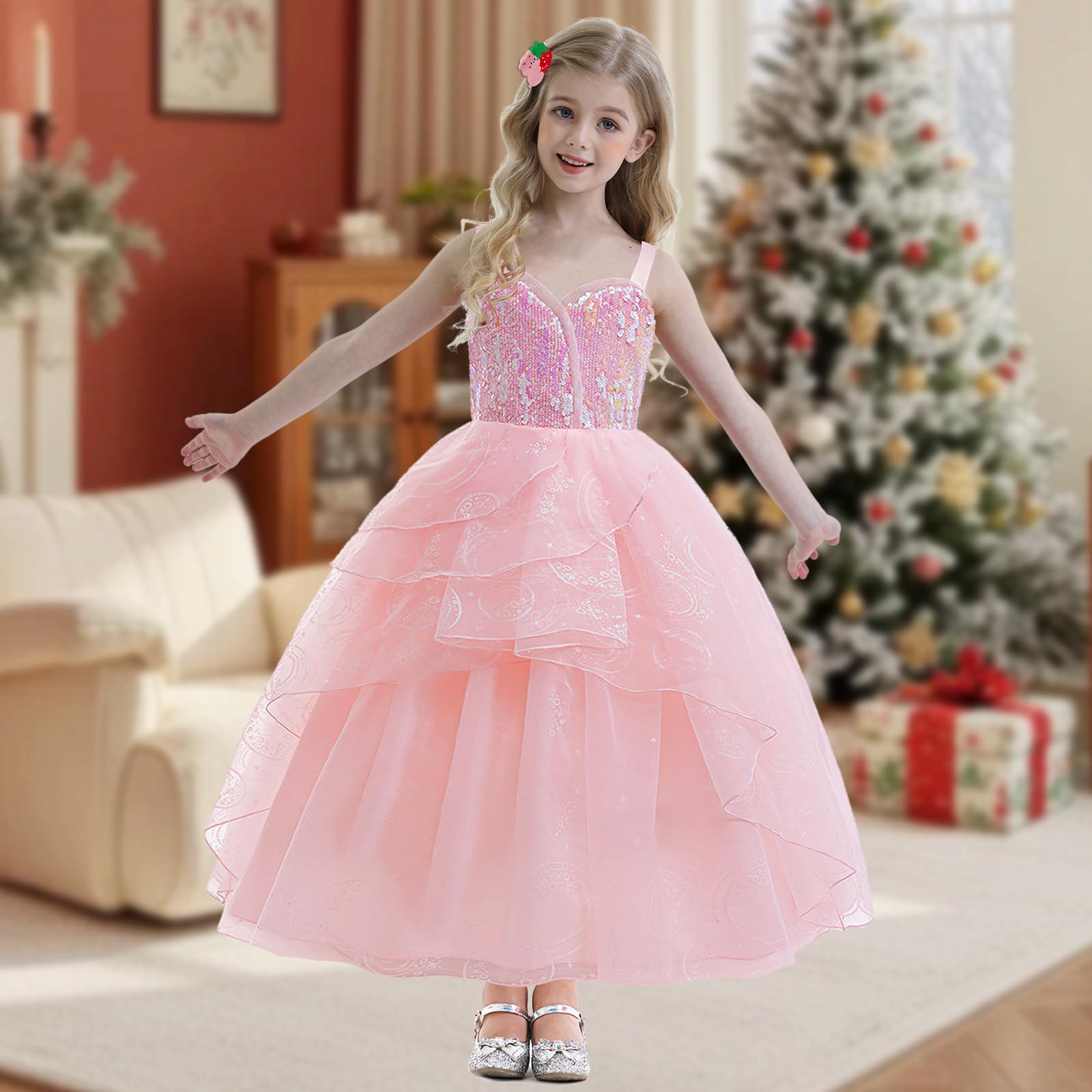 Marendyee Kids Princess Dress up Magic Witch Costume World Book Day Costumes for Girls Sequin Fancy Dress Pink Princess Fairy Dresses Child Celebration Theme Party Outfits Teenagers 11-12 Years - Image 3