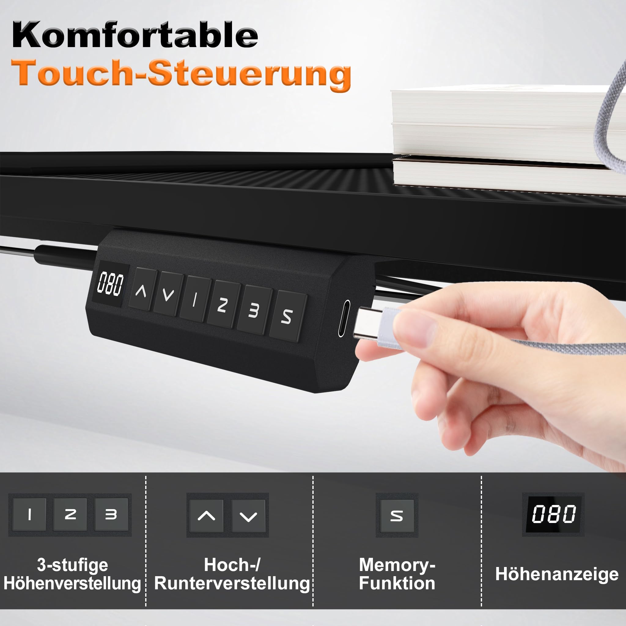 Froadp Höhenverstellbarer Schreibtisch 160x60cm Elektrischer Computertisch mit Memory-Funktion und Type C Ladeanschluss Verstellbarer Tisch Büro- und Gaming-Schreibtisch Schwarz, Tragkraft 80kg