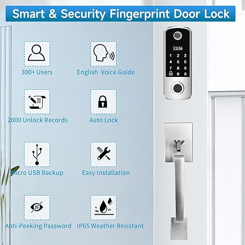 Miniatura 3 de Cerradura de puerta de huellas dactilares con asas, cerradura de puerta de entrada sin llave, cerradura de puerta inteligente, cerraduras de puerta
