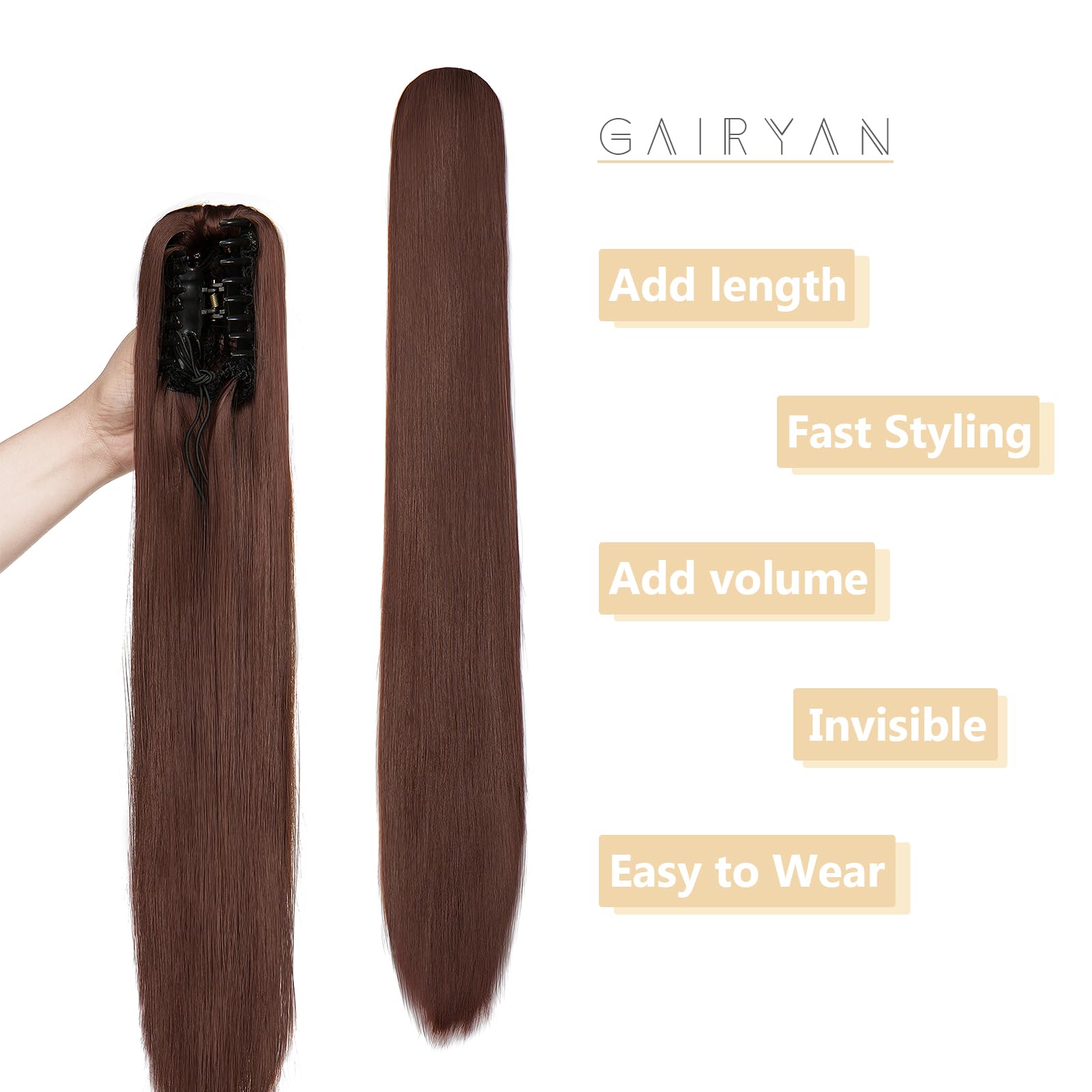 Gairyan 24 inch Ponytail Extension Long Straight Pony Tails Claw on Ponytail Synthetic Hairpieces for Women Soft Natural Look (Dark Auburn) - Image 4
