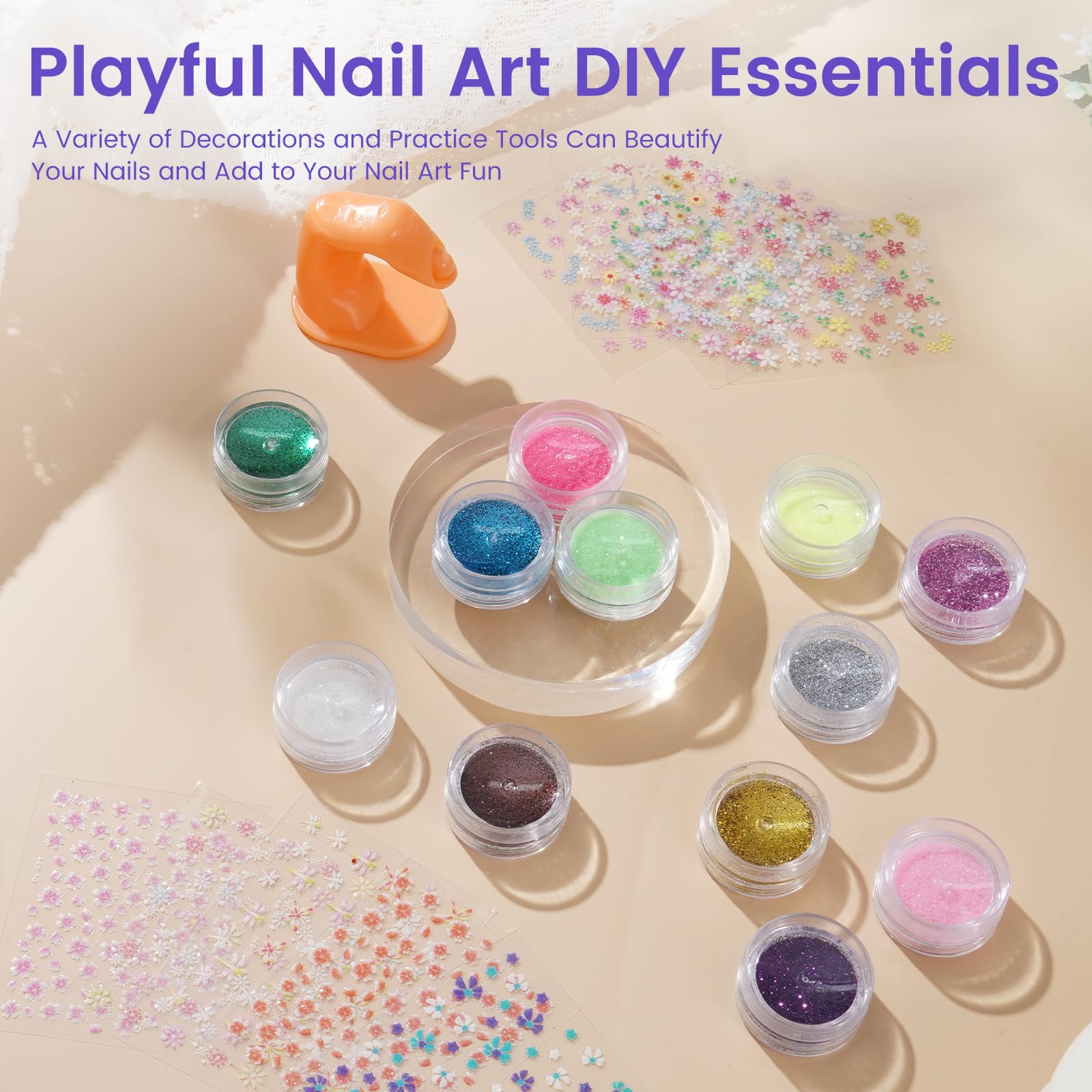 Kit de démarrage pour ongles en acrylique pour débutants : 4 couleurs de poudre acrylique pour ongles avec doigt d'exercice, lampe et ponceuse à ongles - Poudre acrylique pour ongles à faire soi-même