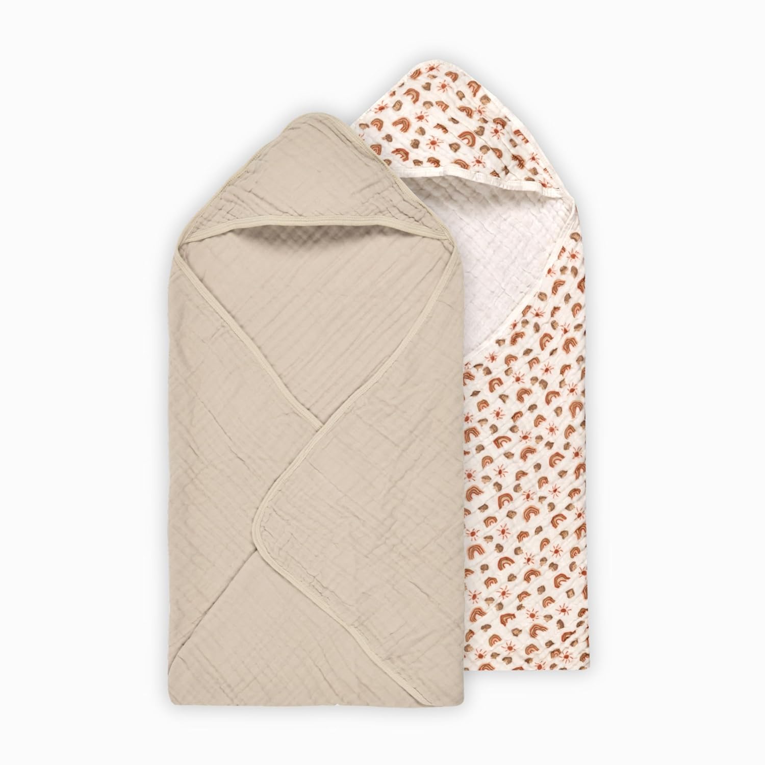 Hooded Baby Towels for Newborn, Cotton Muslin BabyTowel, Absorbent Baby Bath Towels Hooded, 2 Pack Baby Towels with Hood, Baby's Bath Essentials, Oeko TEX (Rainbow Neutral Hooded BabyTowels Girl Boy)