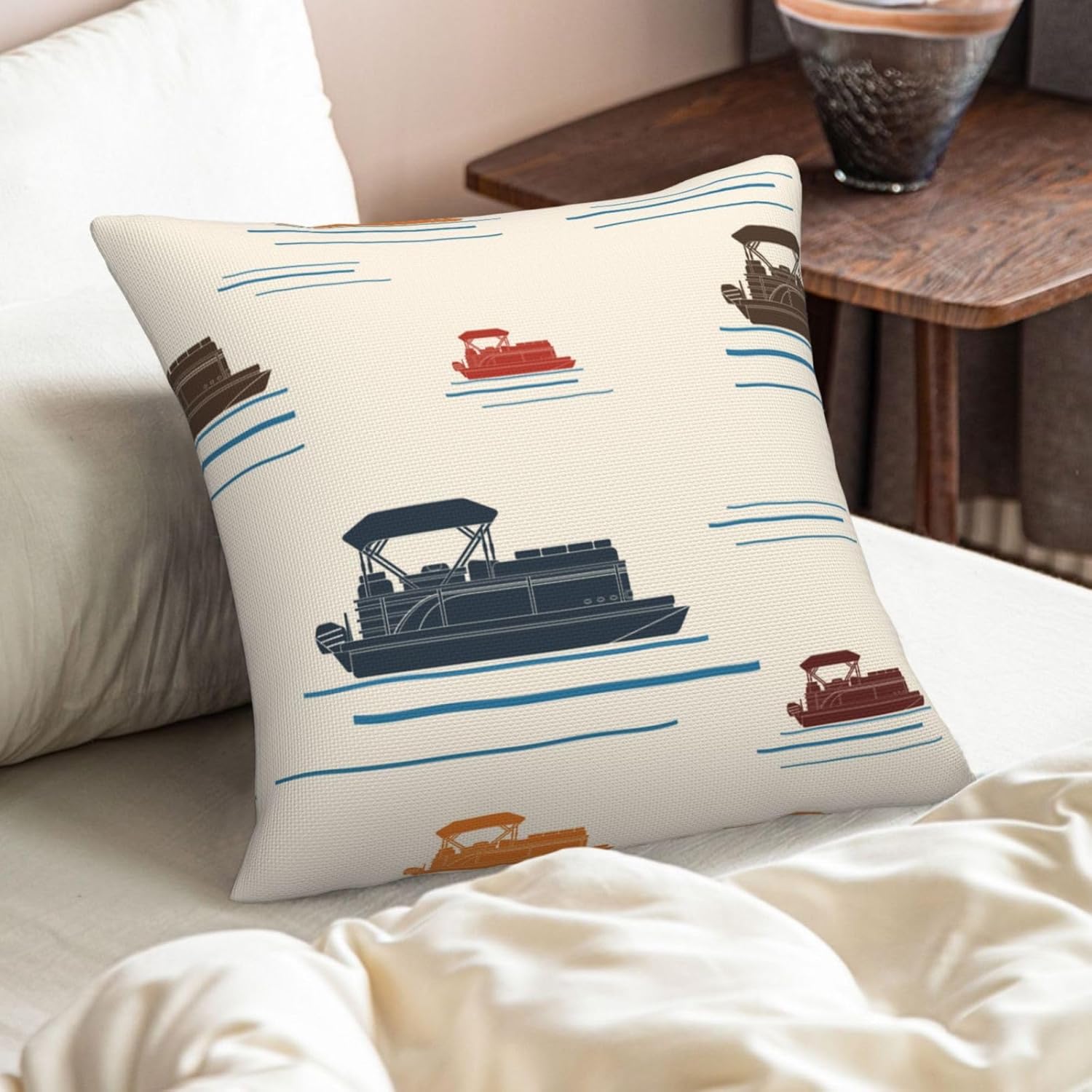 Pontoon Boat Lake Throw Pillow Covers Beach Canopy Dock Square Pillow Cover 18x18 Inch Set of 2 Watercraft Blue Brown Decorative Pillowcase Cushion Cases Home Decor for Couch Sofa - Image 7