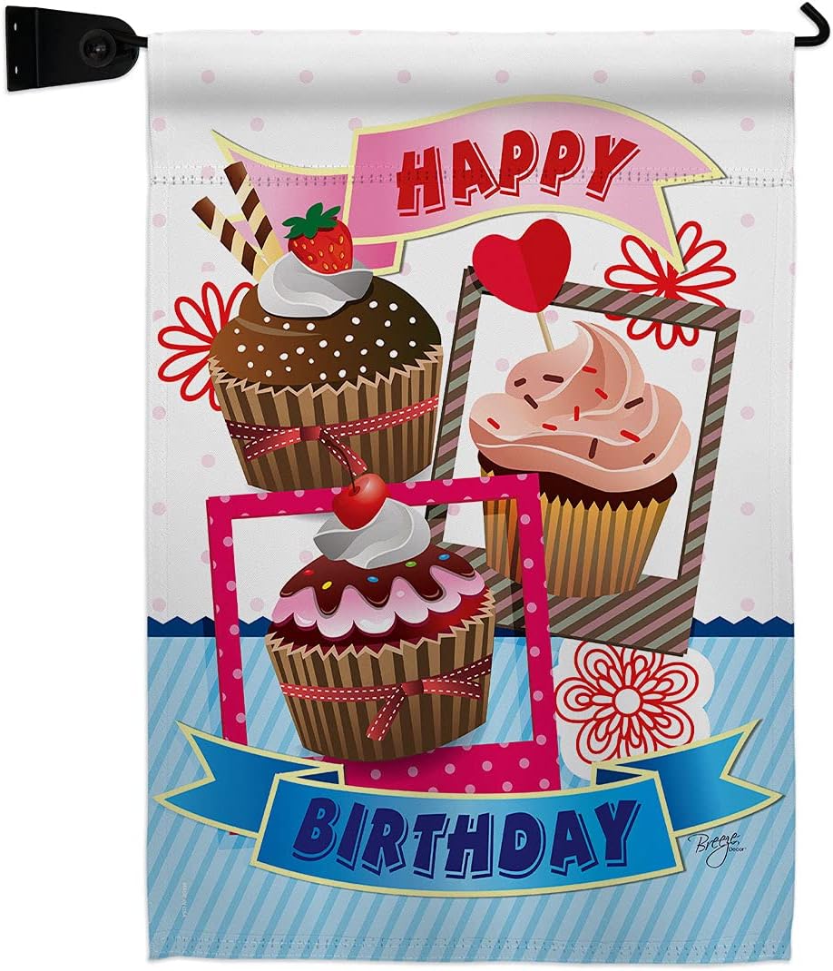 Birthday Cupcake Burlap Garden Flag Celebration Cake Gift Present Candy Bouquet Occasion Anniversary Party Small Decorative Yard House Banner Double-Sided Made In USA 13 X 18.5