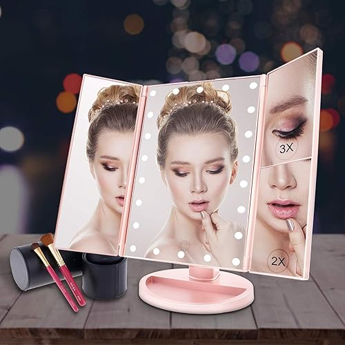 Vista 21 de WEILY Espejo de maquillaje iluminado con 21 luces LED, espejo de tocador triple con ampliación 3X/2X/1X, pantalla táctil, fuente de alimentación