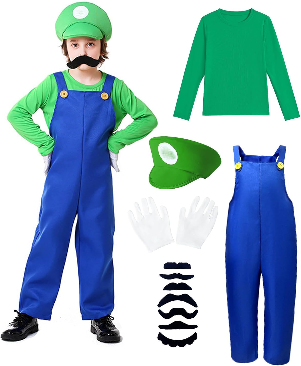 (Similar jHalloween Costume Kids Plumber Jumpsuit with Hat Gloves Moustache Costume Accessories Set Medium(2-3)Years) Green