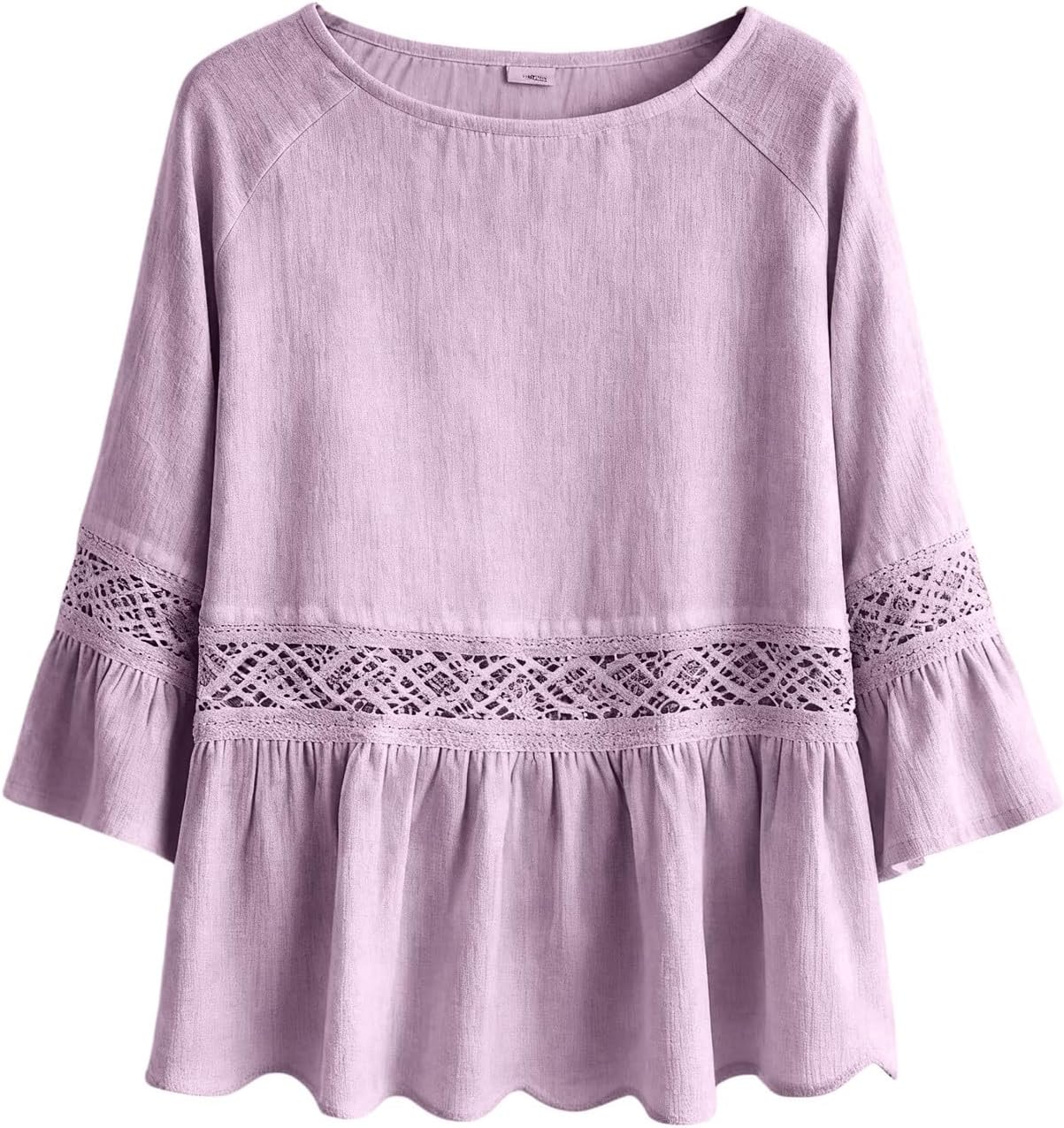 Linen Peasant Tunic Tops for Women 3/4 Bell Sleeve Flowy Peplum Peasant Blouses Loose Fit Cute Babydoll Shirts