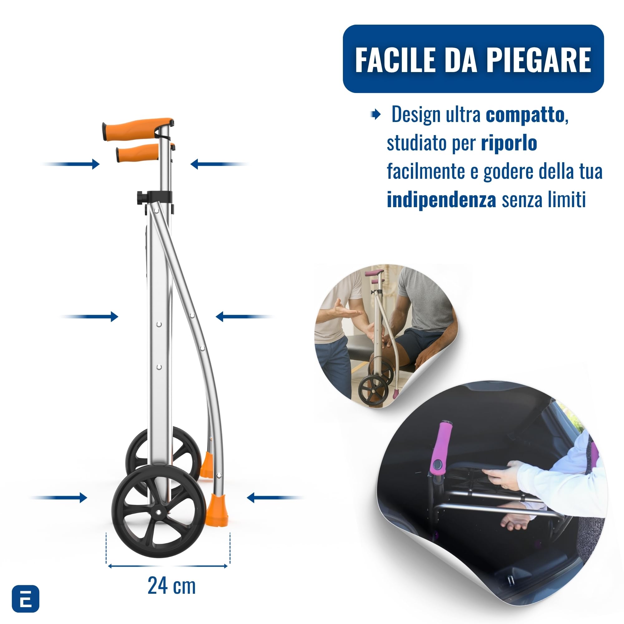 INDESmed | Deambulatore pieghevole con seduta in alluminio per anziani, persone con mobilità ridotta o riabilitazione. Vestibilità precisa, impugnatura antiscivolo e anti-tendinite, 2 ruote (Arancia)
