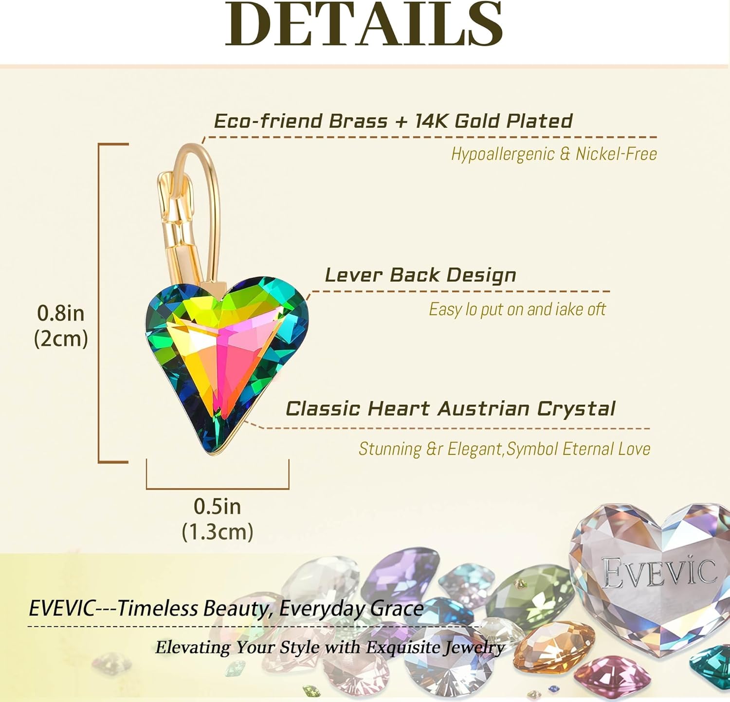 Trendy Austrian Crystal Heart Drop Leverback Earrings for Women 14K Rose Gold Plated Hypoallergenic Jewelry Gifts - Image 6