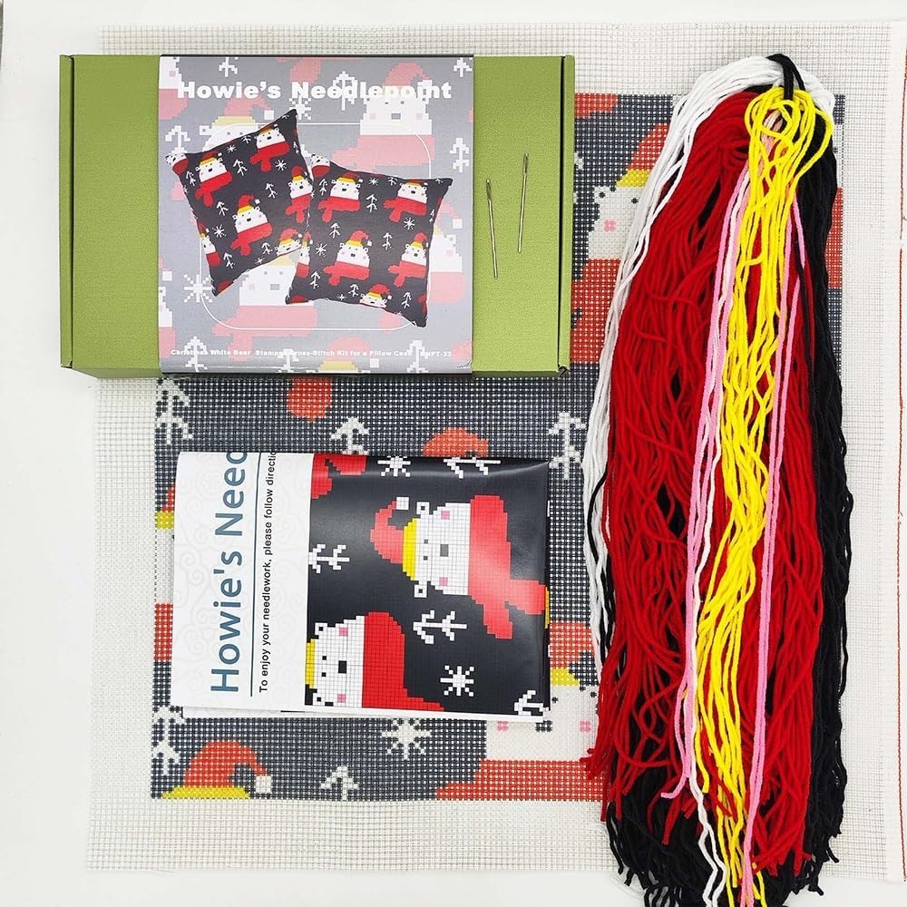 Howie's Needlepoint Needlepoint Kits for Adults, Christmas Pillow Front Cross Stitch Kit with Embroidery Pattern on Canvas, Yarn, 2 Needles and Instruction, 16 x 16inch(Christmas White Bear)