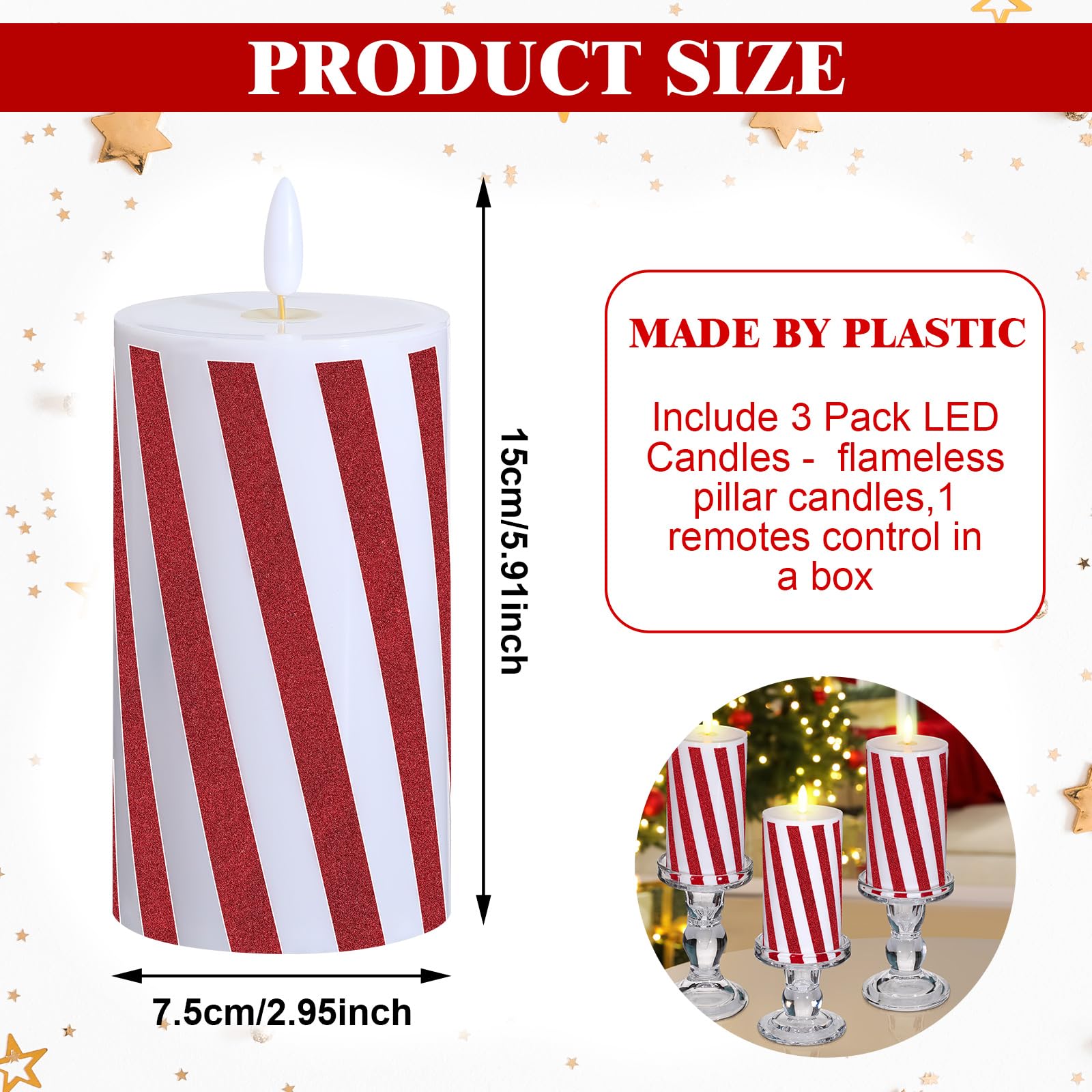 Baquler 3 candele natalizie a LED senza fiamma (15,2 cm), con ampia striscia glitterata rossa, per feste di Natale, matrimoni, decorazioni per la casa (rosso, bianco)
