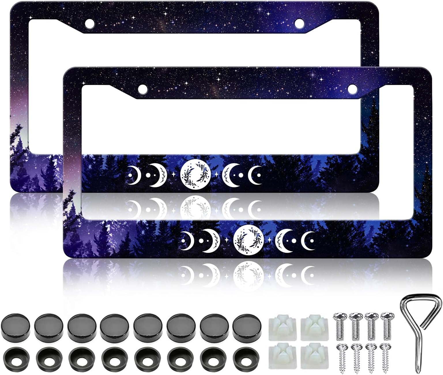 HCSS 2PCS Moon Phases License Plate Frames Starry Sky Forest Moon License Plate Holder Stainless Steel Auto Parts Rust-Proof Waterproof Car Decorative Tag Frames for Standard US 12x6 Inch