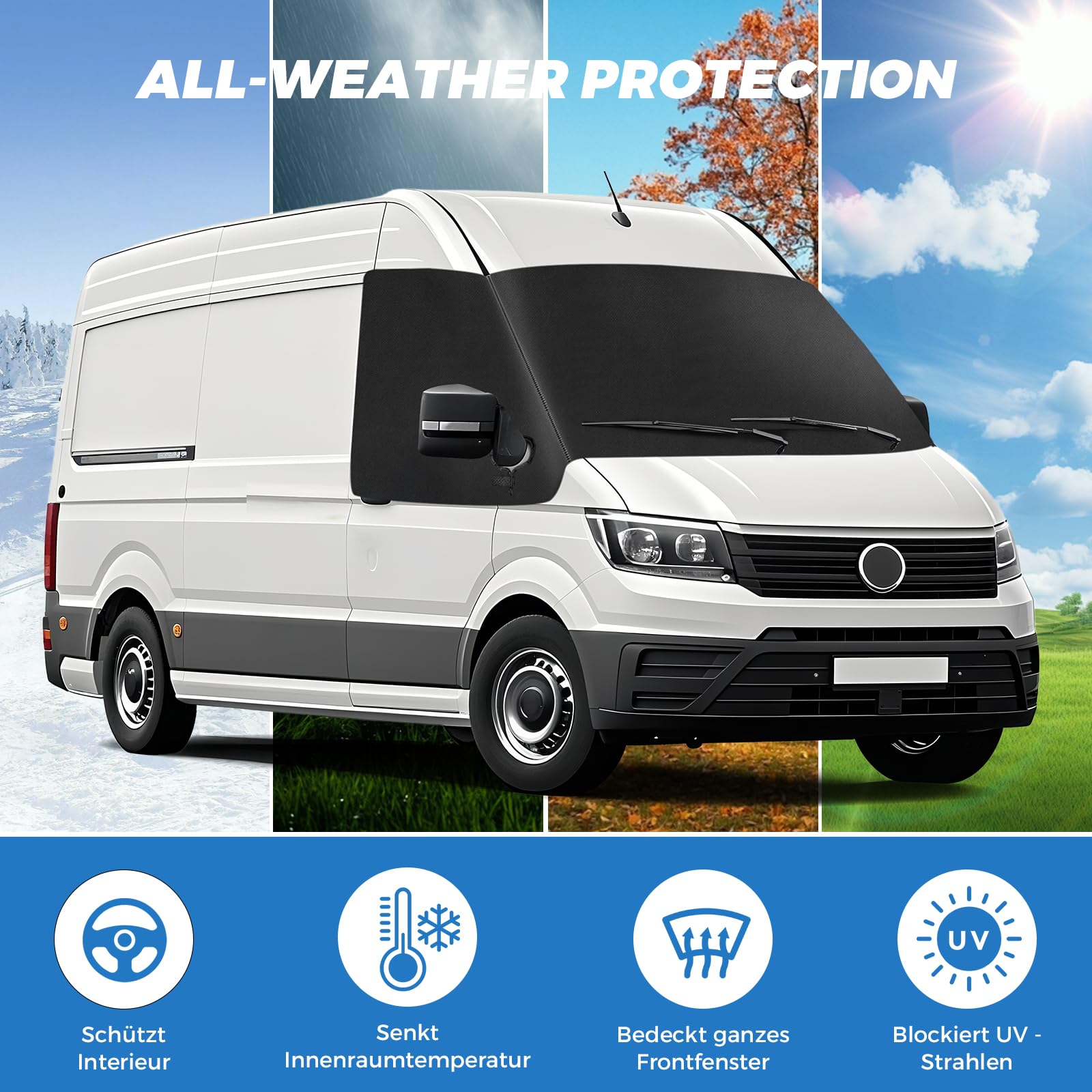 Osłona na przednią szybę samochodową zamiennik dla VW Crafter/Grand California 2018-2025, 600D wodoodporna osłona przeciwsłoneczna na przednią szybę, termomata, blackout, anty-UV/anty-mróz/anty-lód