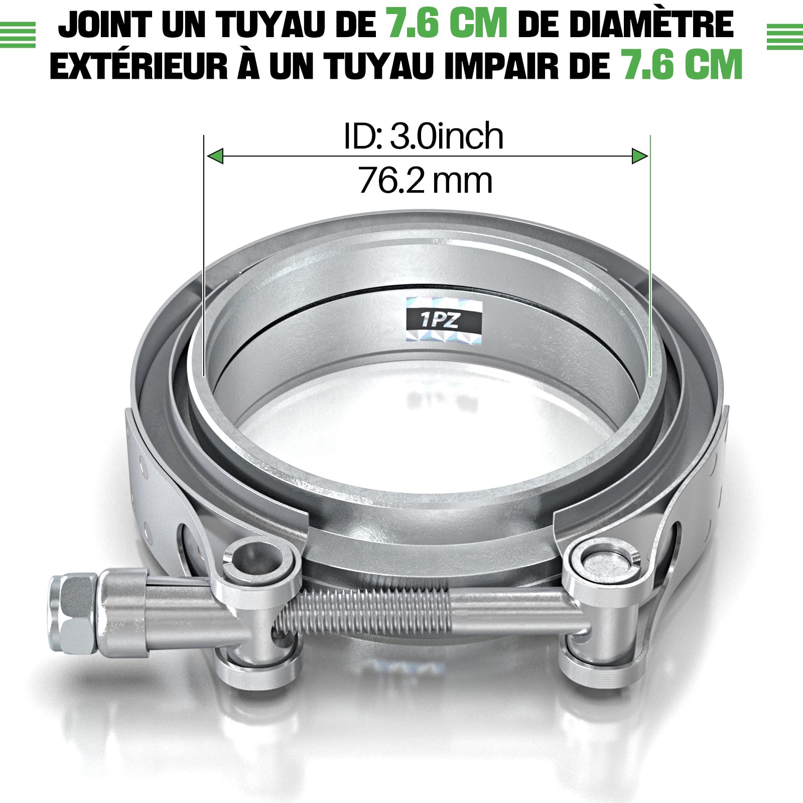 1PZ FR7-FC1 Kit de Bride de Serrage en V-bande 3.0 pouces (76.2 mm) en Acier Inoxydable, V-Clamp pour Tuyau d'Echappement, Compatible avec Turbos, Ensemble de Colliers Universels (2 pièces)
