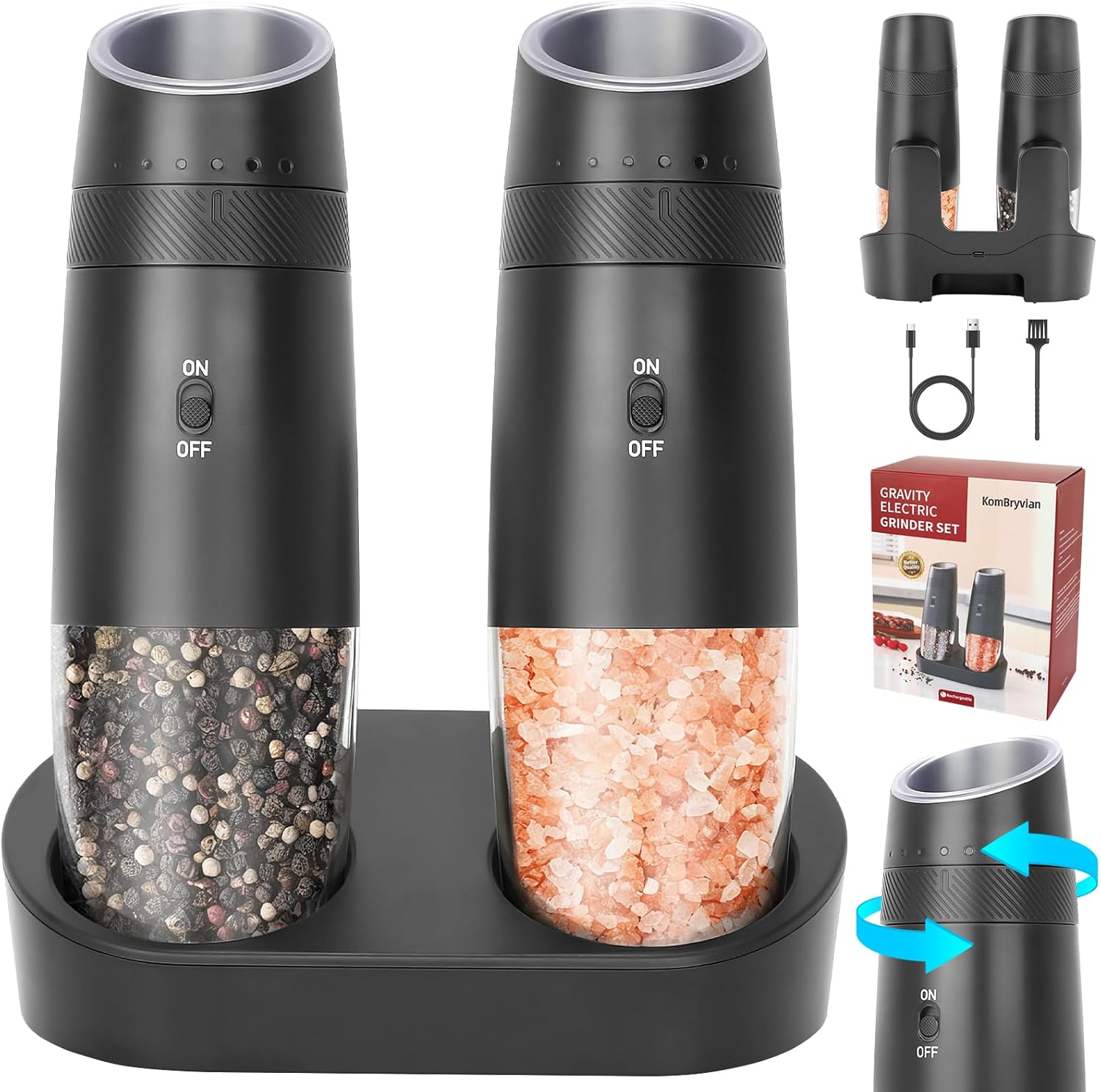 Gravity Electric Salt and Pepper Grinder Set - Rechargeable with Charging Base, Adjustable Coarseness, One-Handed Operation, LED Light, Ideal for Home Kitchen (Black)