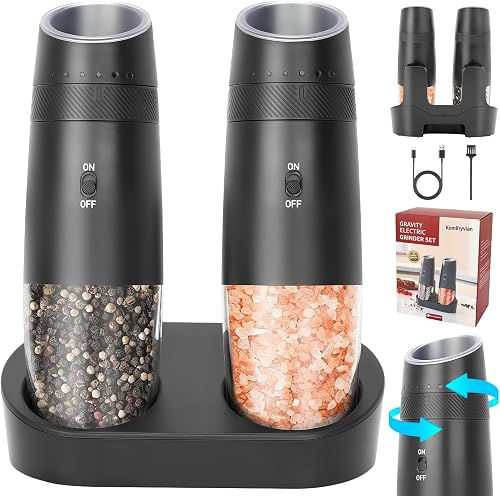 Gravity Electric Salt and Pepper Grinder Set, 2 Automatic Shakers with Base