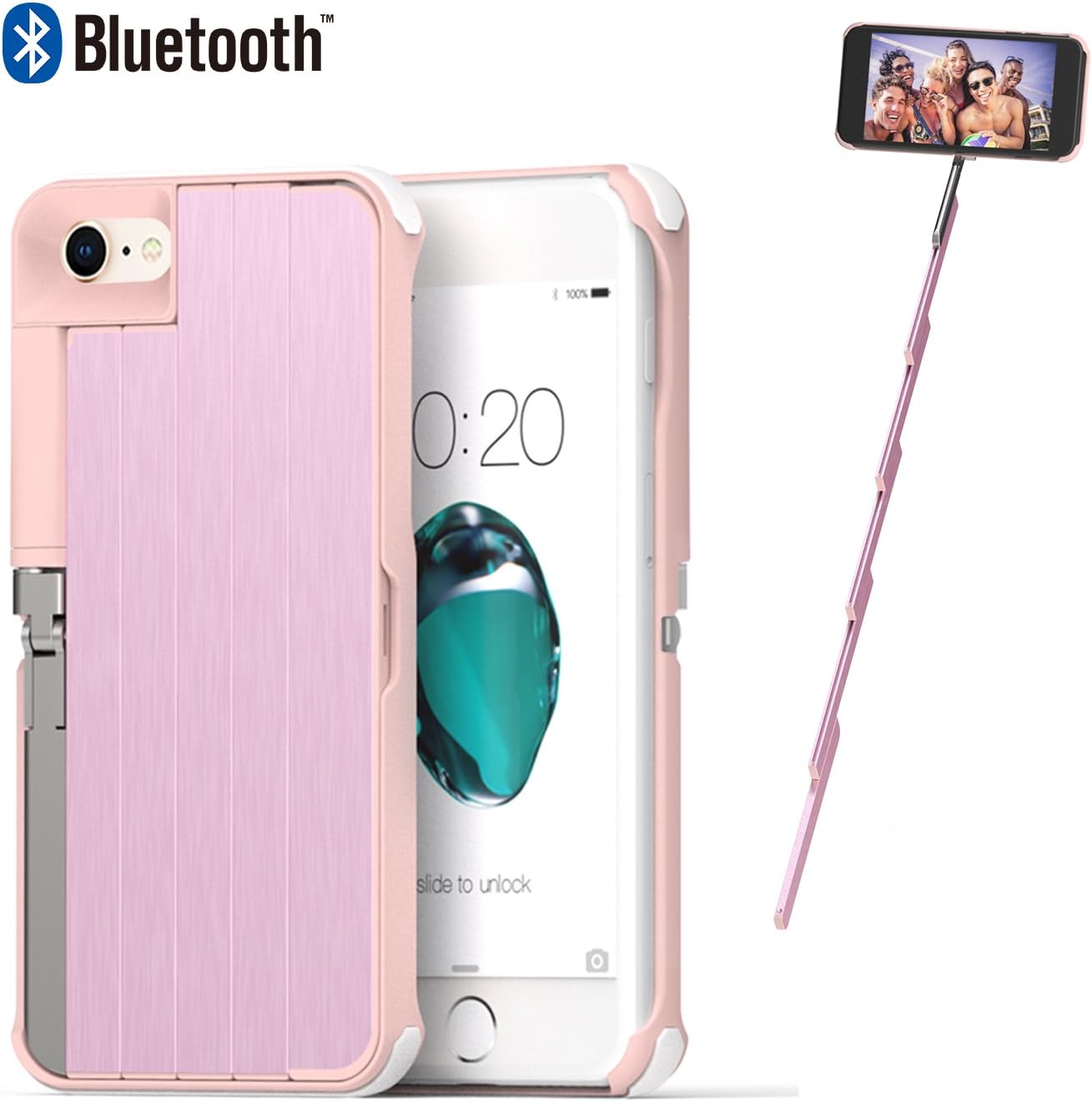 iPhone 7 Case Pink iPhone 8 Case with Selfie Stick Lightweight Aluminium Extendable Phone Stand 360 Rotation Rechargeable Wireless Bluetooth Selfie Stick Case Cover for iPhone 7/8 4.7"
