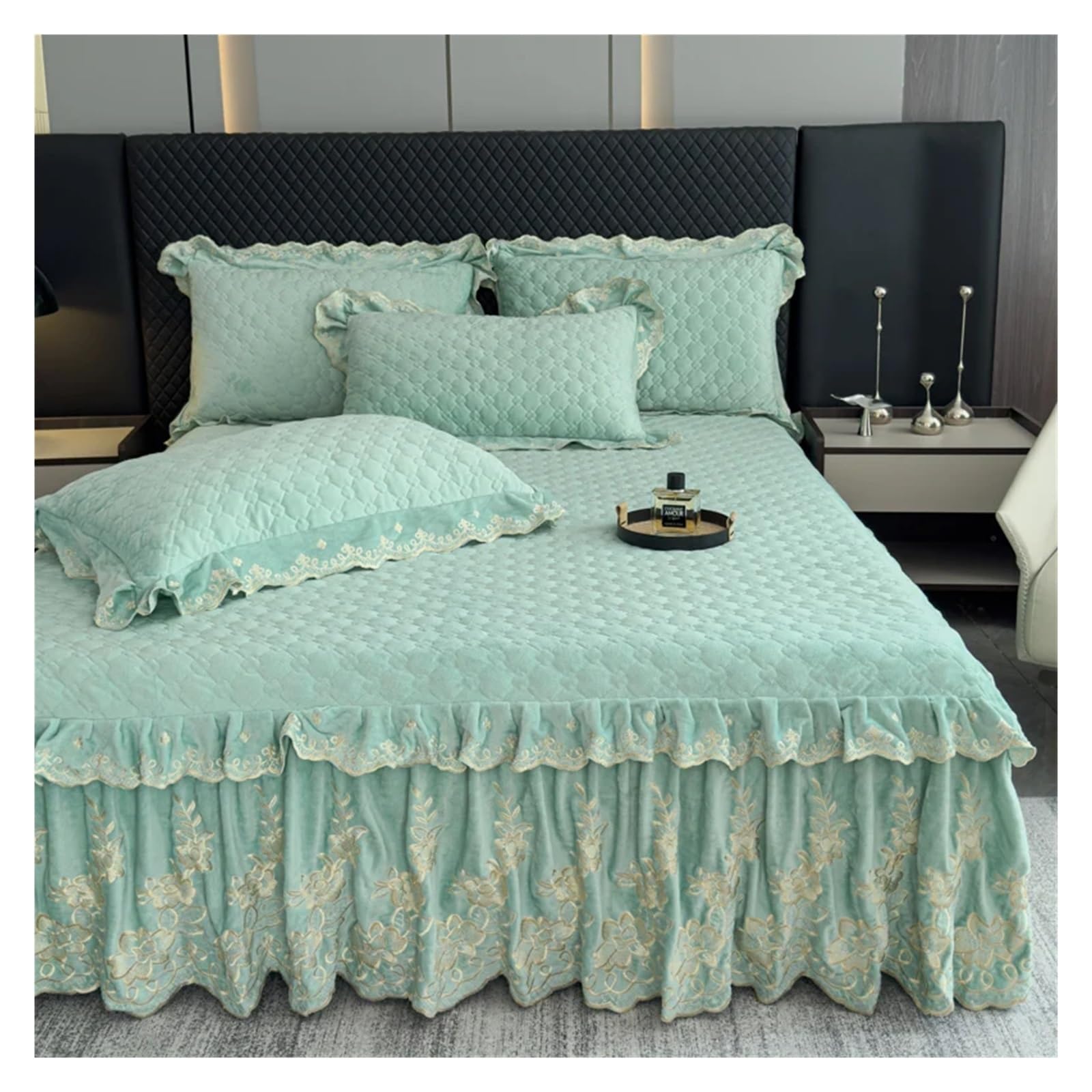 2/3Pcs Thickened Quilted Crystal Velvet Bed Skirt, Flowers Lace Embroidery Bedspread, Bed Sheet, Bed Cover, Pillowcases(Green,180X220cm 3pcs)
