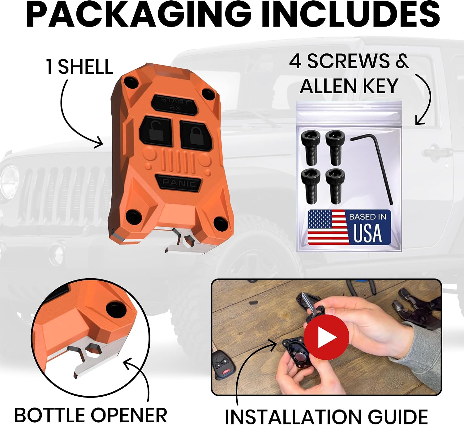Rugged Replacement Key Fob Shell for Jeep - Built-in Bottle Opener - High-Impact PC+ABS Housing - Made in USA - Also Fits Chrysler and Dodge Models 2005–2018