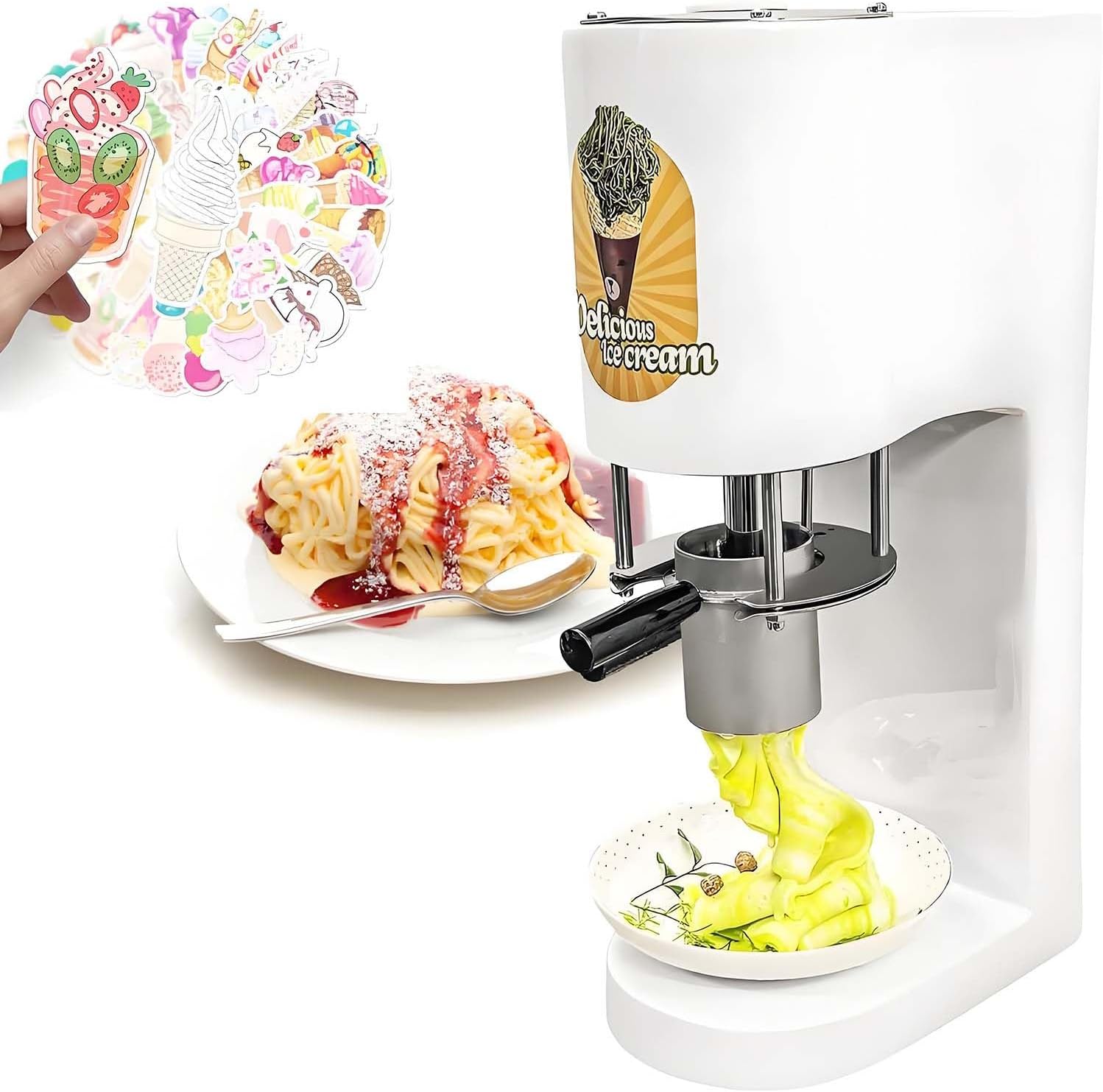 Spaghetti Ice Cream Maker Spaghetti Gelato Ice Cream Machine 80w Ice Cream Press Machine 4 Types Noodle Forming Outlet for Gelato & Dessert Shops White