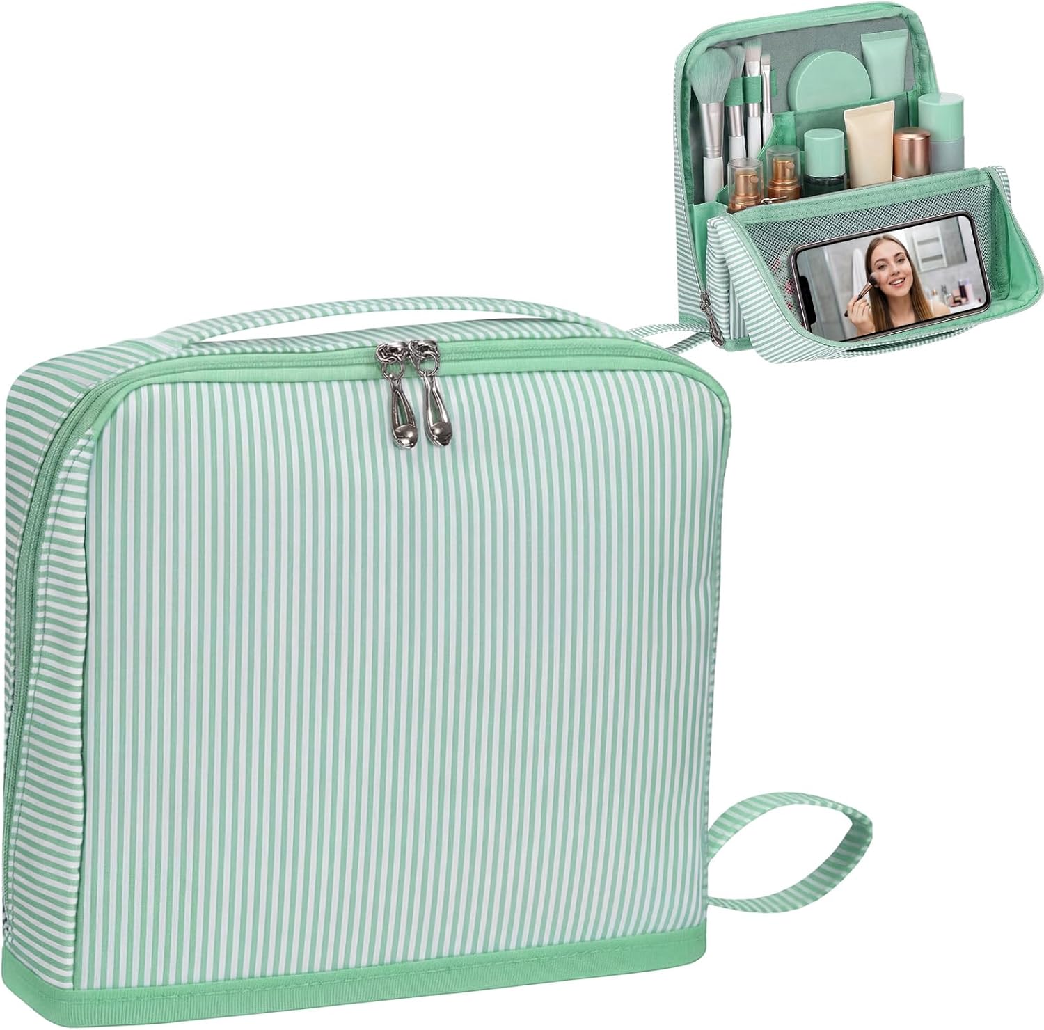 Striped Makeup Bag Large Cosmetic Bags for Mother's Day Women Gift with Brush Loops Mesh Pocket Wrist Strap Travel Organizer Storage Mirror Pouch Toiletry Case with Divider(Fresh Green)